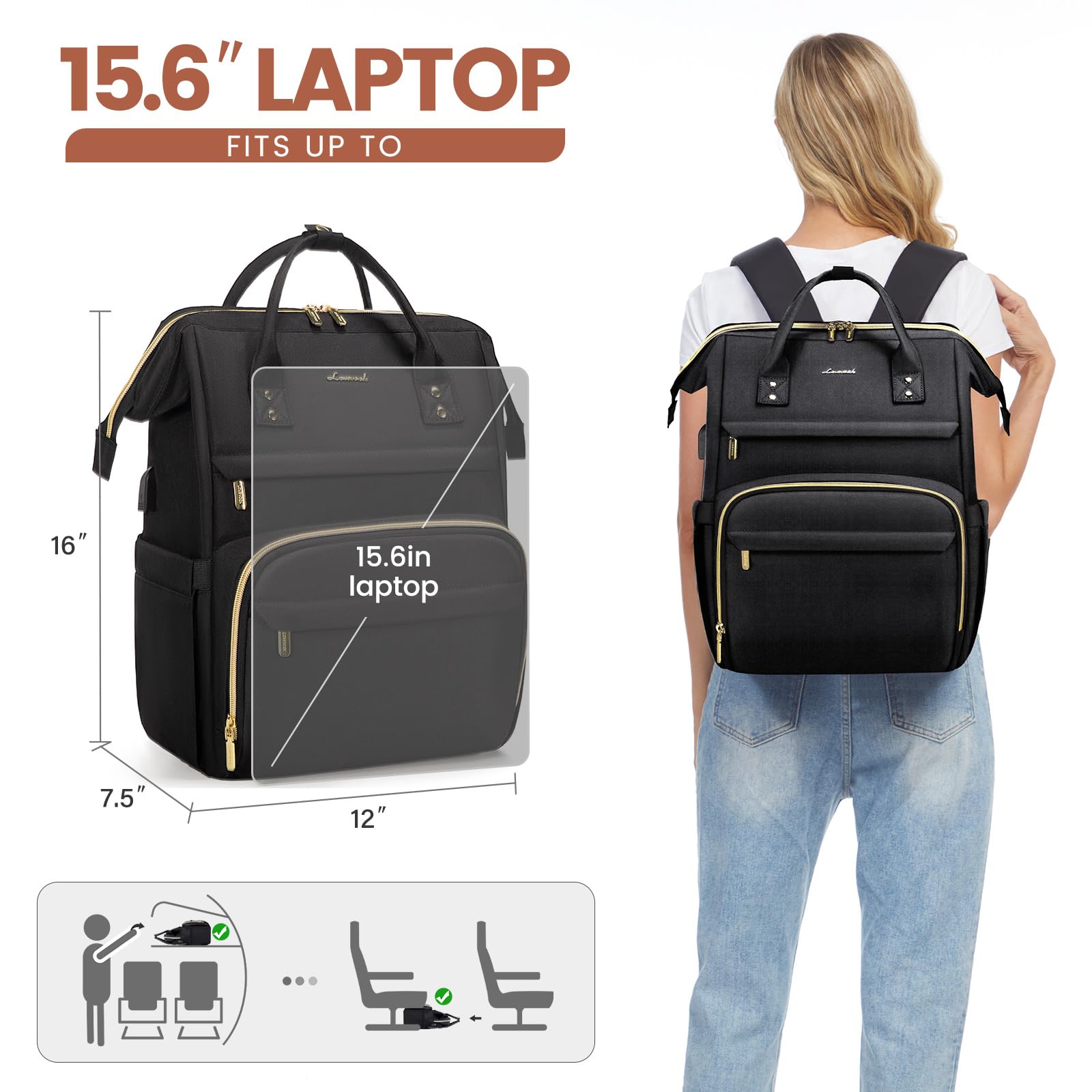 LOVEVOOK 15.6 Inch Laptop Backpack for Women - Waterproof Professional Computer Bag with USB Charging Port - Perfect for Work, Travel, College, Nursing & Teaching (Black)