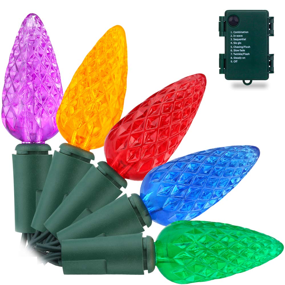 50 LED 18ft C6 Christmas String Lights with Built-in Timer - Faceted Bulb Battery Operated Fairy Lights for Indoor Outdoor Decor - Perfect for Garden, Bedroom, Wreath, Christmas Tree & Holiday Party Decorations - Multi Color