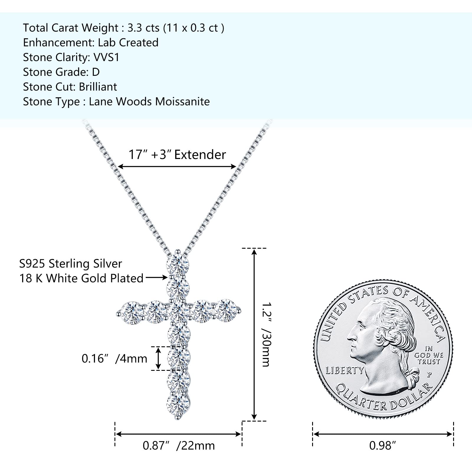 3 Carat Certified D-F Color VVS1 Clarity Diamond Moissanite Cross Necklace - 18K White Gold Plated 925 Sterling Silver Pendant for Men & Women | Valentine's Day, Anniversary & Wedding Gift Idea | Perfect for Church, Formal Events & Everyday Wear