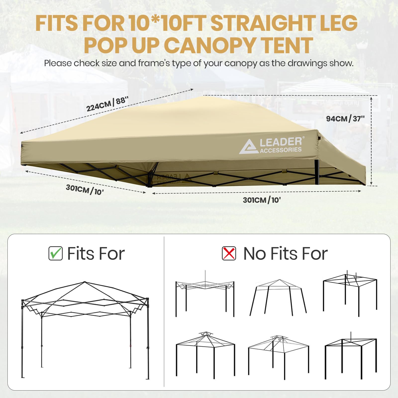 Leader Accessories 10’ X 10’ Straight Leg Pop Up Canopy Tent Replacement Top Cover - Beige | Perfect for Outdoor Events, Picnics, and Beach Shade