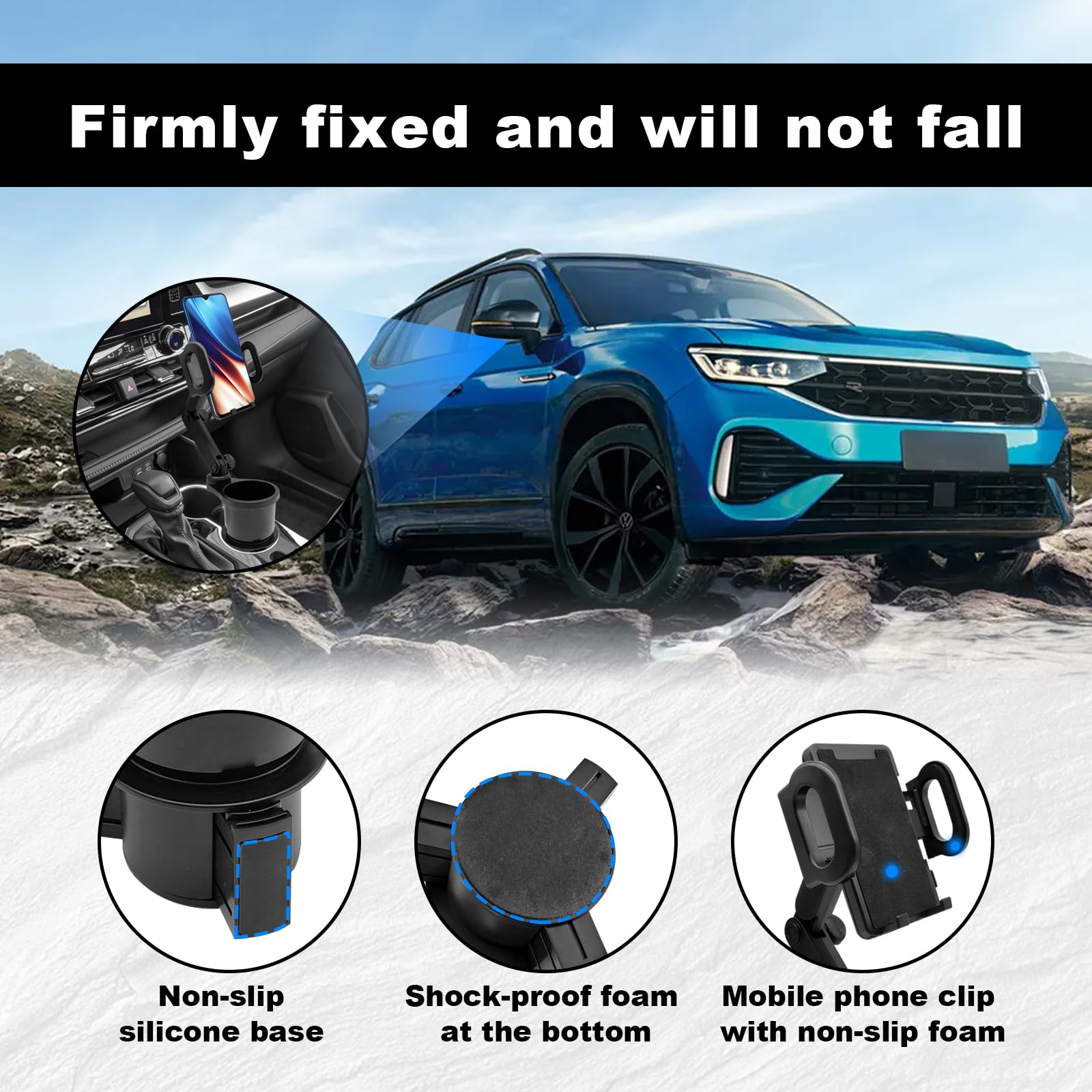 2-in-1 Car Cup Holder Expander with Phone Mount - Adjustable Base & 360° Rotation - Compatible with iPhone & All Smartphones - Perfect for Road Trips & Commuting