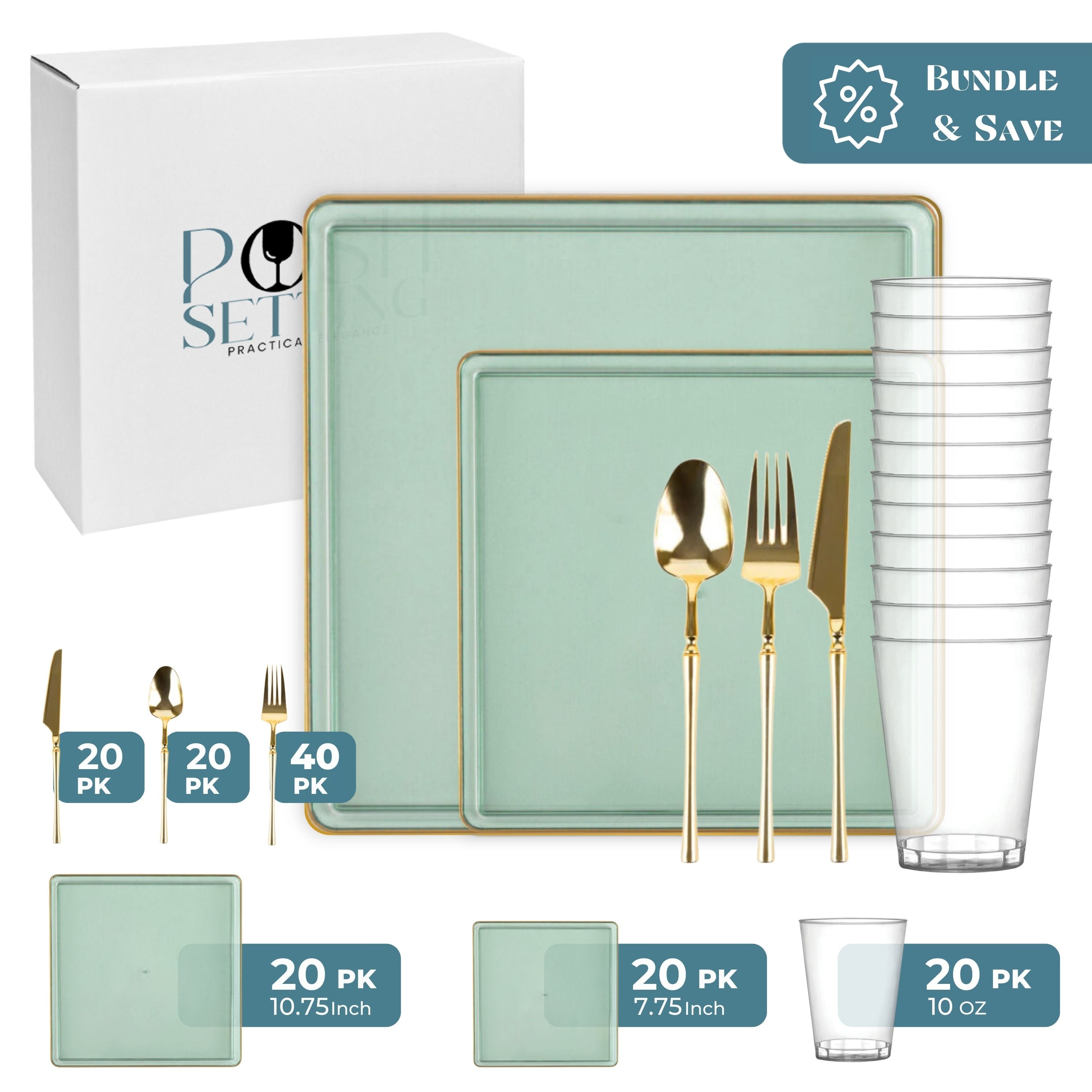 Green and Gold Plastic Party Bundle - Square Edge Disposable Plates, Cups & Cutlery Set for Birthday, Wedding & Holiday Celebrations