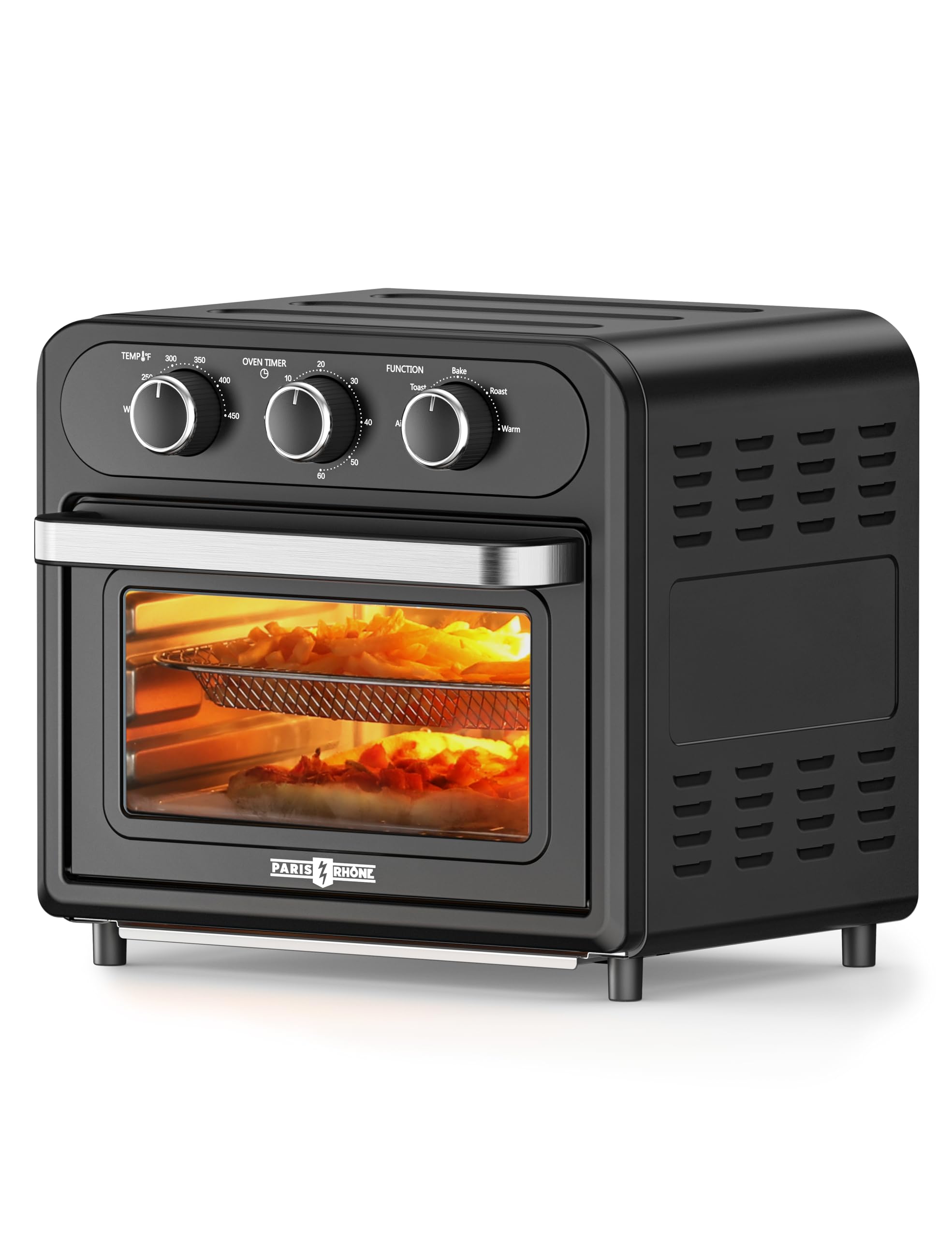 PARIS RHÔNE 14.8 Quart Air Fryer Toaster Oven Combo - 5-in-1 Convection Oven for Toast, Pizza, Baking, Roasting & Broiling - Large Capacity for 4-Slice Toast & 9-inch Pizza - Easy Knob Control with 6 Dishwasher Safe Accessories - Perfect for Family Cooking & Small Kitchen Spaces (PE-AF013, Black)