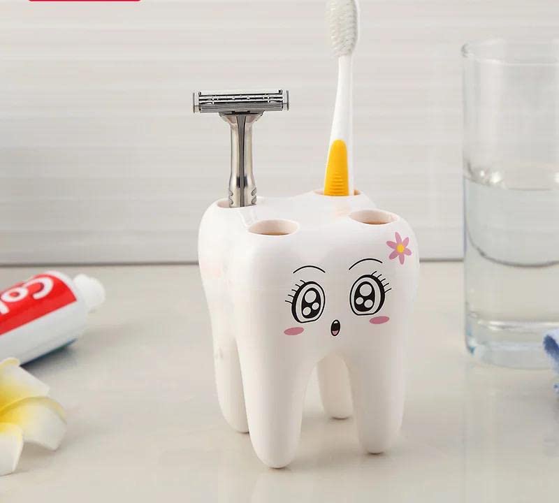 GB Quality 4-Hole Plastic Toothbrush Holder - Tooth-Shaped Bathroom Organizer with Cute Cartoon Design, White (Perfect for Kids' Bathrooms, Dormitories & Travel Storage)