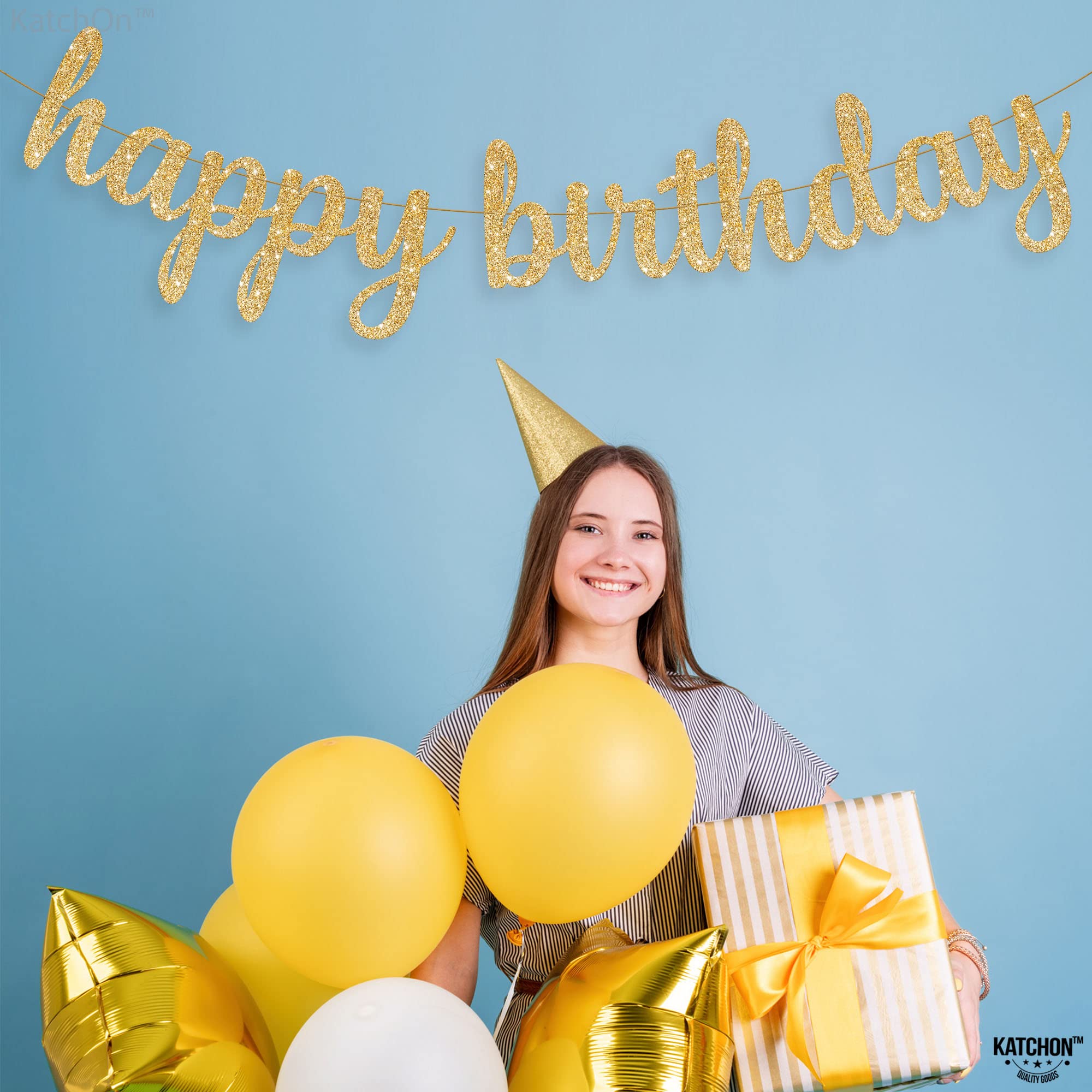 KatchOn Gold Glitter Happy Birthday Banner - 10 Feet Pre-Strung Party Decor for Women, Girls, Bridal Showers & Birthday Celebrations | Ready-to-Hang Gold Foil Sign for Wall Decorations