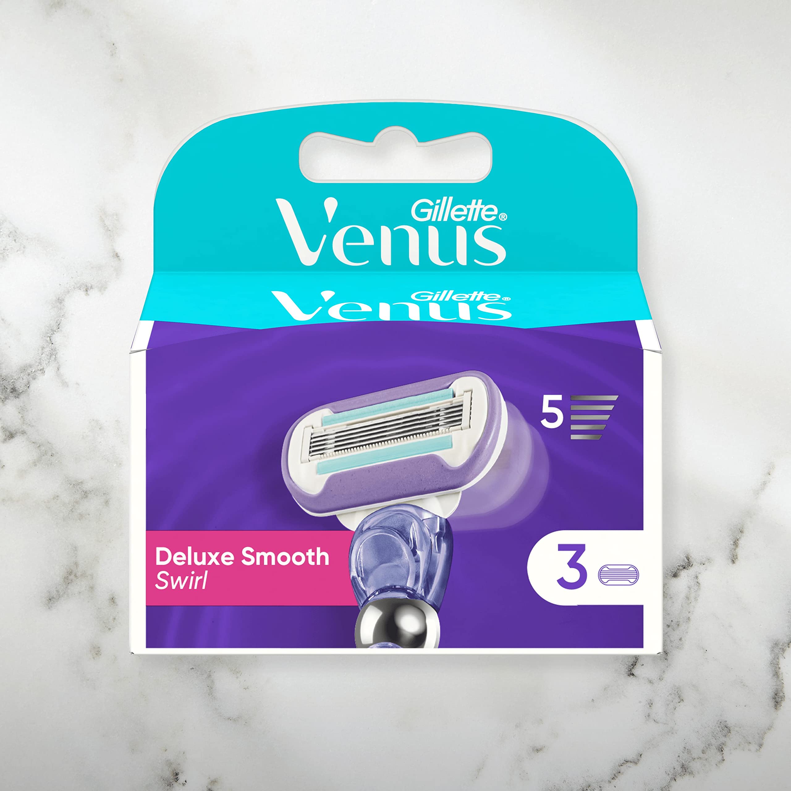 Gillette Venus Deluxe Smooth Swirl Razor Blades for Women - Pack of 3 Refill Blades with Lubrastrip & Vitamin E - Silky Smooth Shaving for Legs, Underarms & Bikini Line