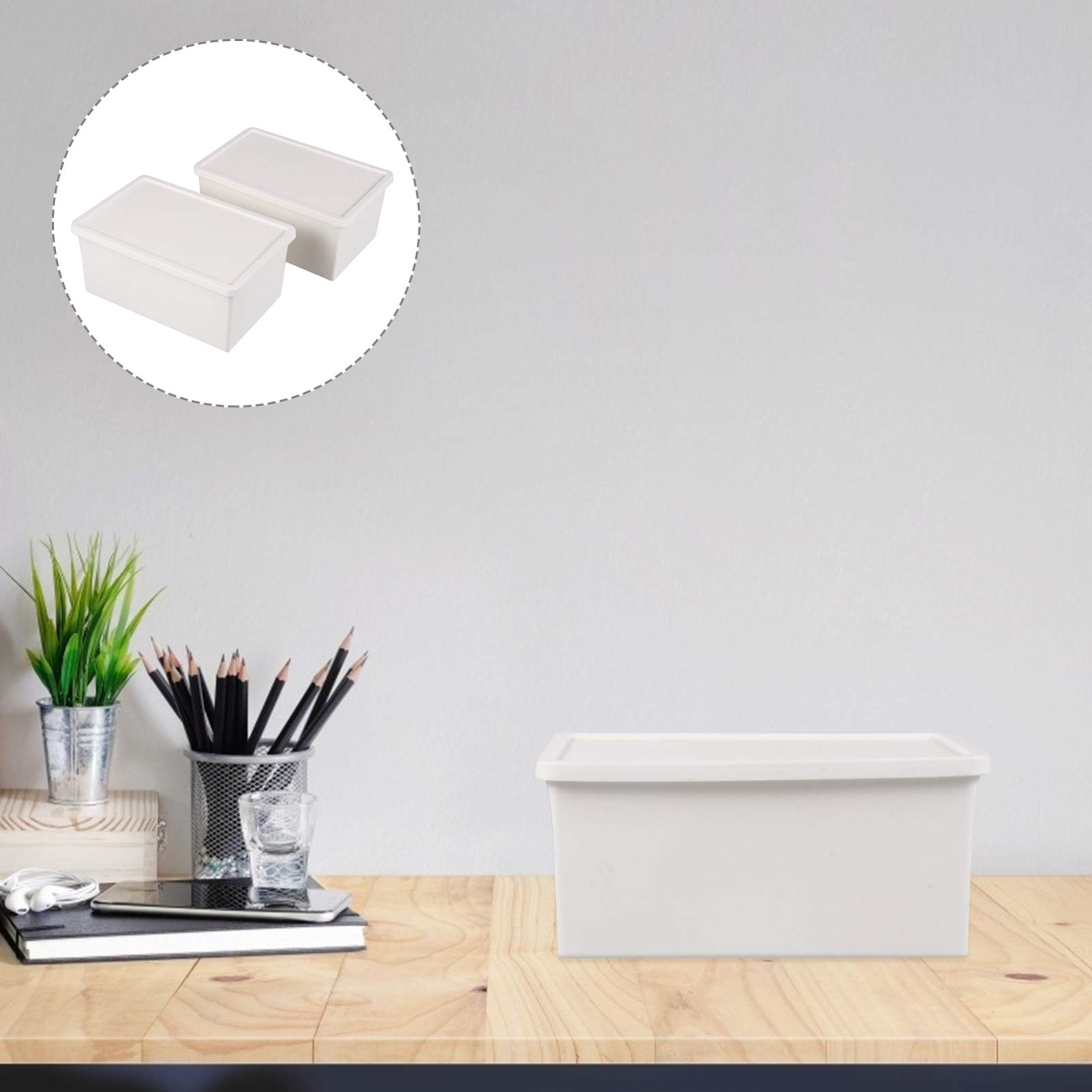 2-Pack White Plastic Storage Boxes with Lids - Cabilock Clamshell Organizer for Office Pens, Cosmetics, Sundries & Clothes | Desktop Storage Bin, Child-Safe PP Containers | Perfect for Home, Office & Dorm Organization