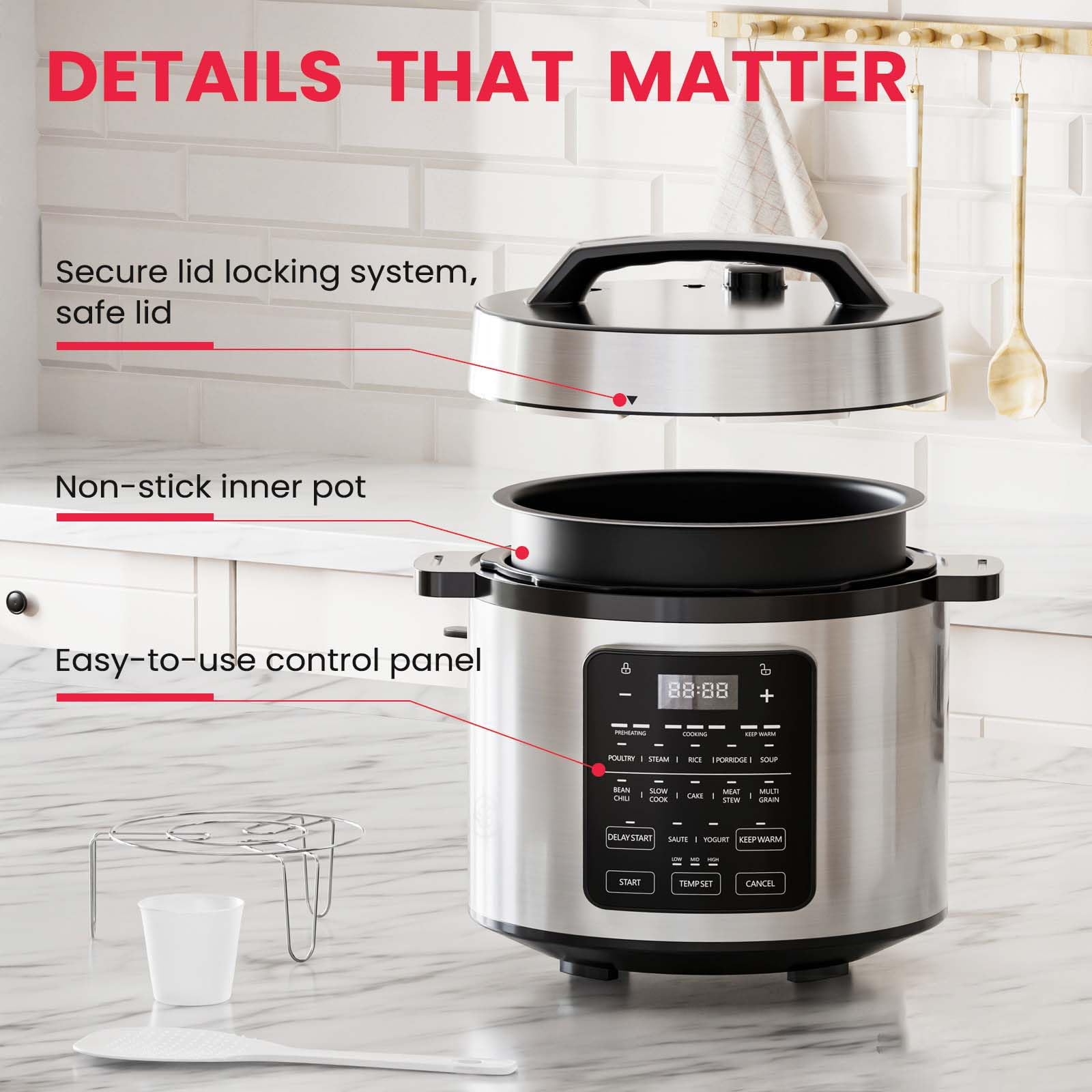 12-in-1 Electric Pressure Cooker Multi-Function | Slow Cooker, Rice Cooker, Steamer, Food Warmer & Baby Bottle Sterilizer | 6 Quart Stainless Steel Black | Perfect for Meal Prep, Family Dinners & Baby Care