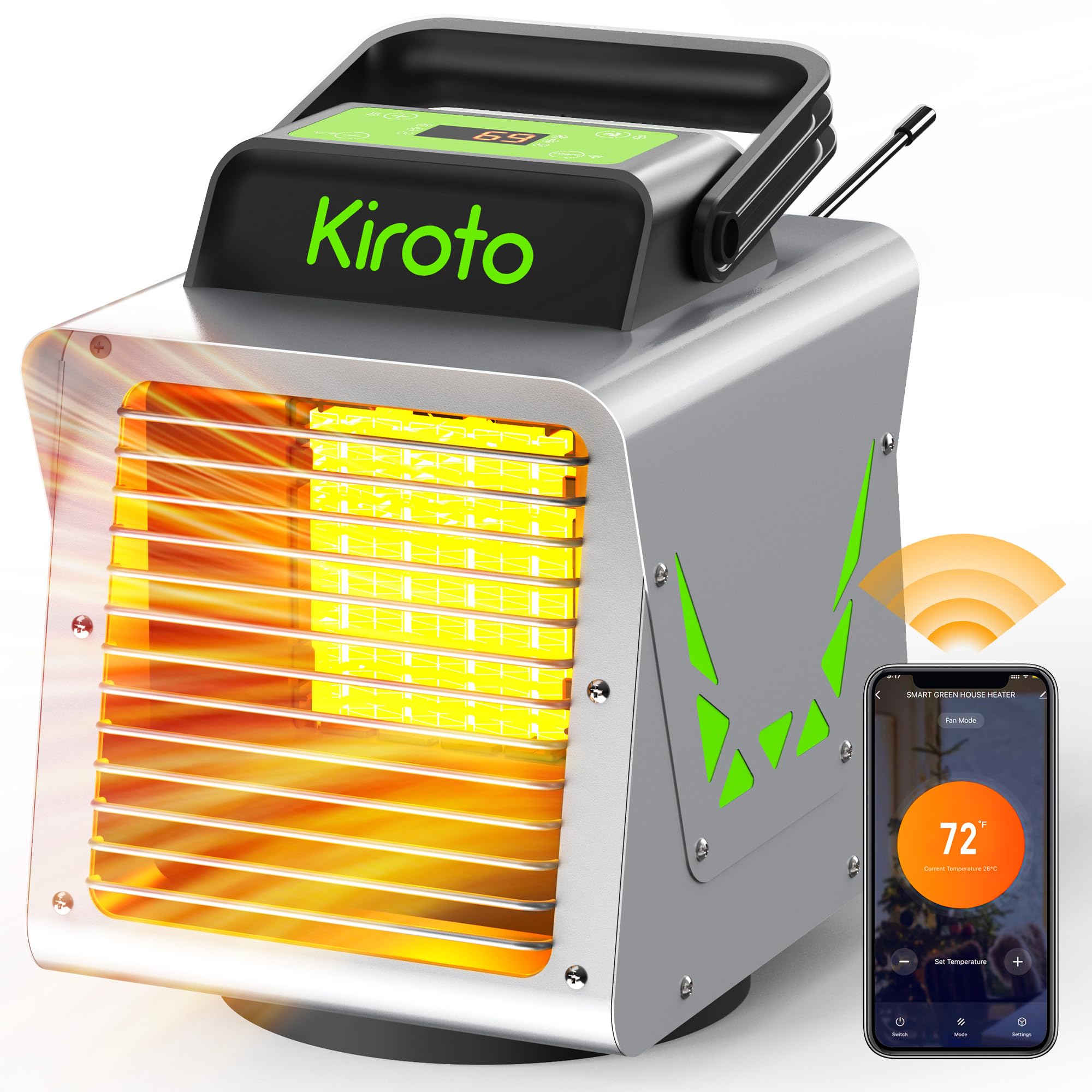 Kiroto 1500W Smart Greenhouse Heater with APP Remote Control & Thermostat - Portable Outdoor Winter Heater for Plants, Vegetables Grow Tent, Garage - Energy Efficient & Safe Heating Solution for Indoor Gardening, Home Workshops & Cold Weather Protection