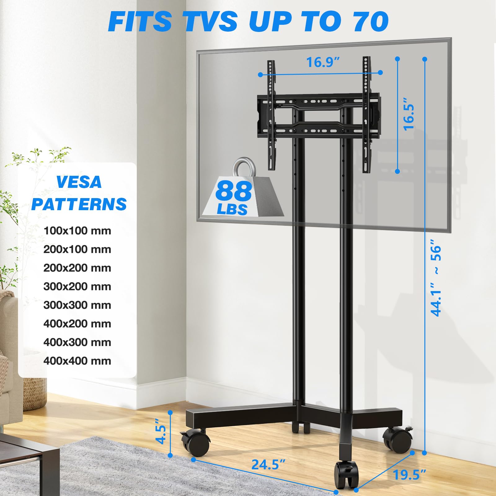 Upgraded Rolling TV Stand for 32-70 Inch TVs - Heavy Duty Mobile TV Cart with Smooth Wheels (Supports 88lbs) - Height Adjustable TV Mount Stand for Living Room, Bedroom & Office - Perfect for Home Entertainment & Space-Saving Solutions