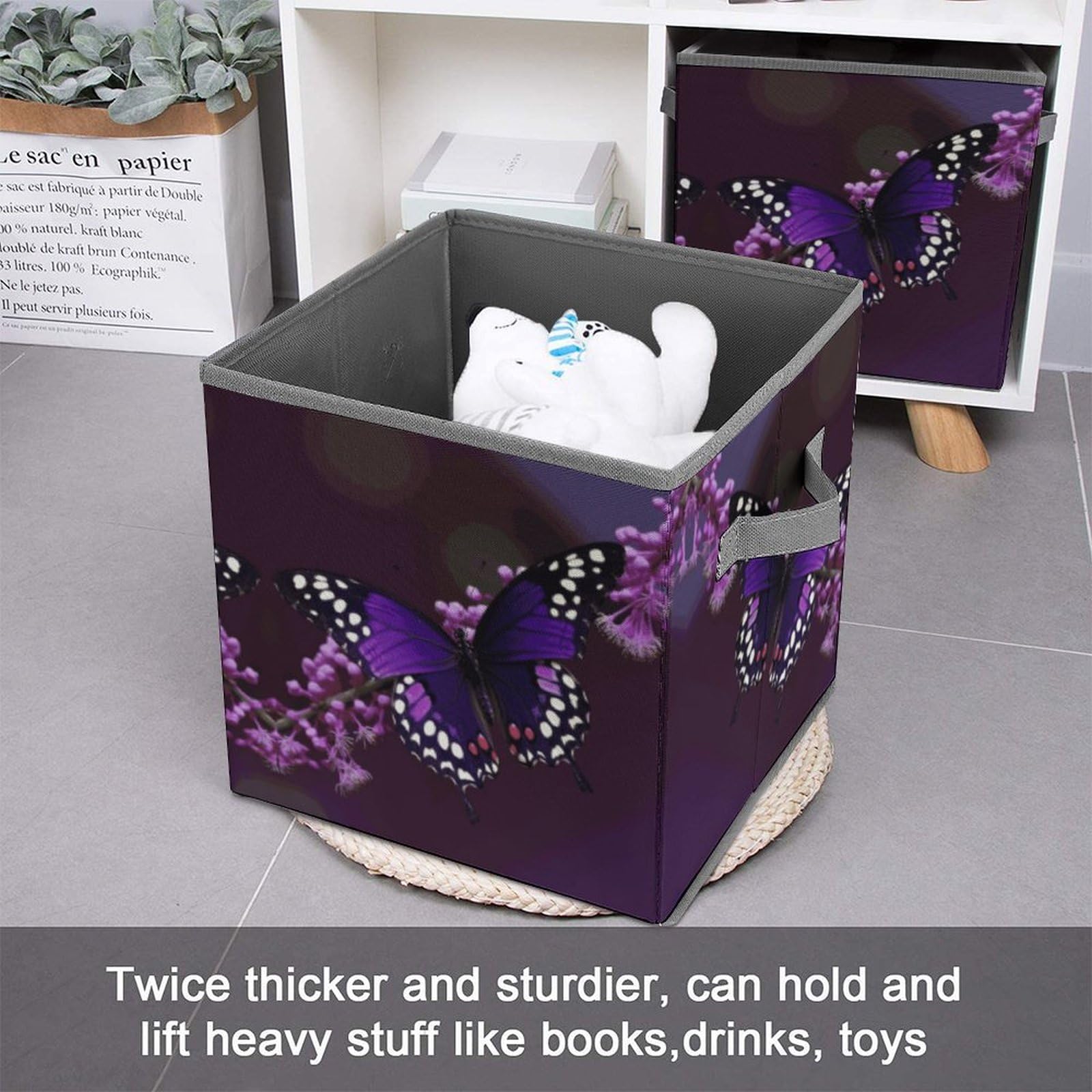 Foldable Purple Plum Butterfly Storage Cubes with Handles - Organize Clothes, Toys & More for Cabinet, Shelf & Closet - Perfect for Bedroom, Nursery & Dorm Organization