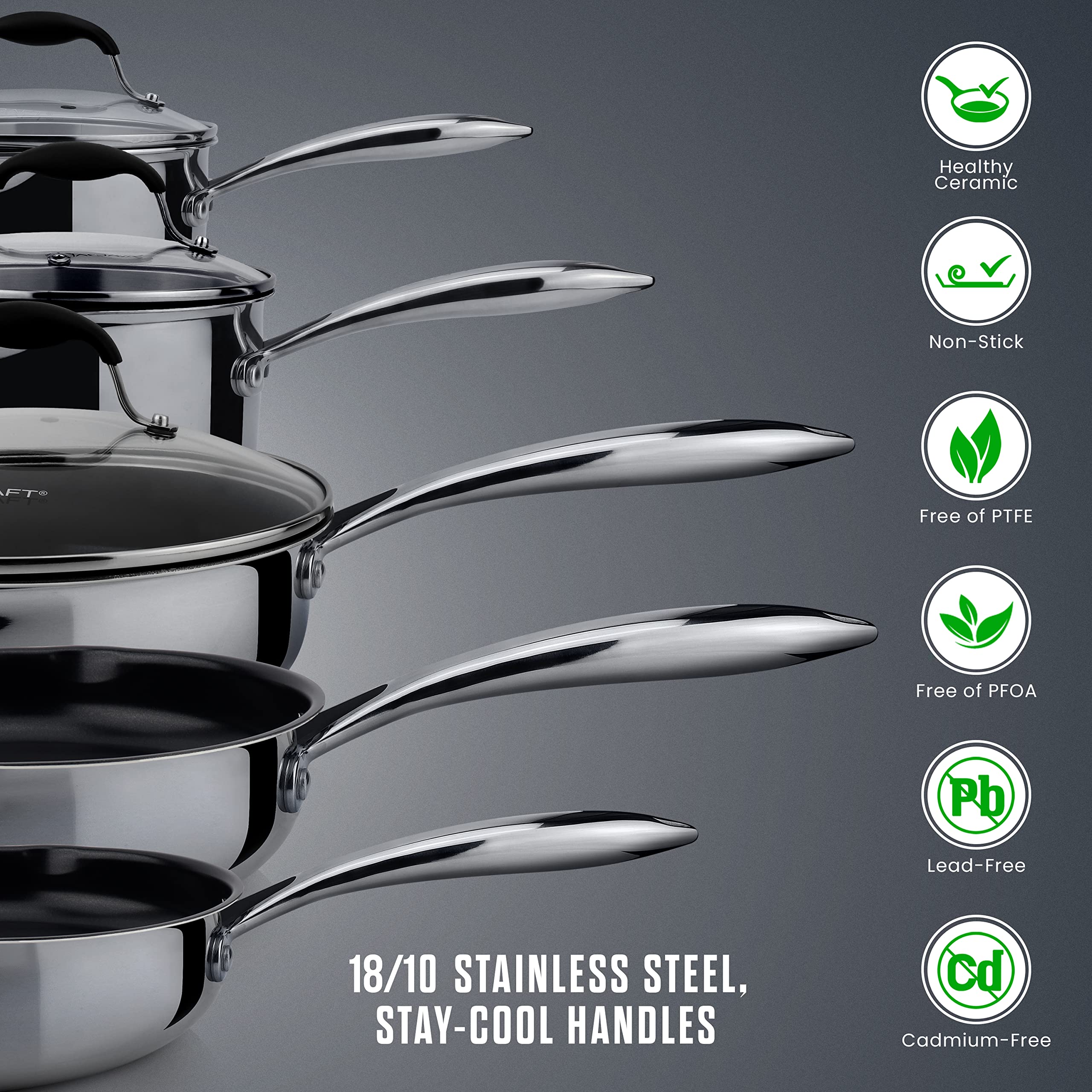 **AVACRAFT Premium Ceramic Non-Stick Cookware Set – 10-Piece PFOA & PTFE-Free Pots and Pans with Multi-Ply Body – Healthy & Durable for Everyday Cooking, Frying & Baking**