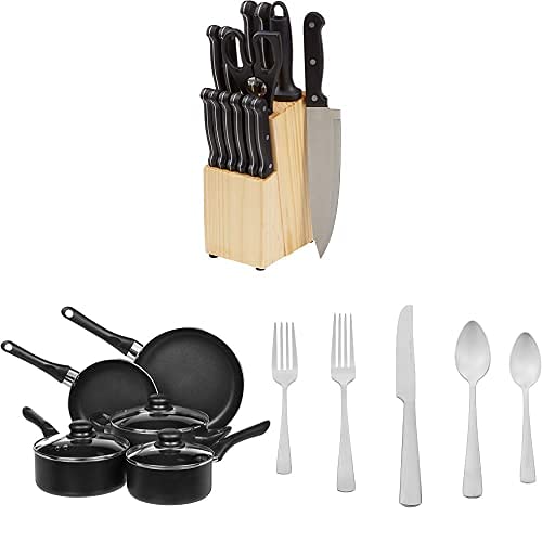 **Amazon Basics 14-Piece Kitchen Knife Set with High-Carbon Stainless Steel Blades, 8-Piece Non-Stick Cookware Set & 20-Piece Stainless Steel Flatware Set – Complete Kitchen Essentials for Cooking, Serving & Entertaining**    **Usage Scenarios:** Perfect for home chefs, dinner parties, and everyday meal prep – ideal for gifting or upgrading your kitchen.