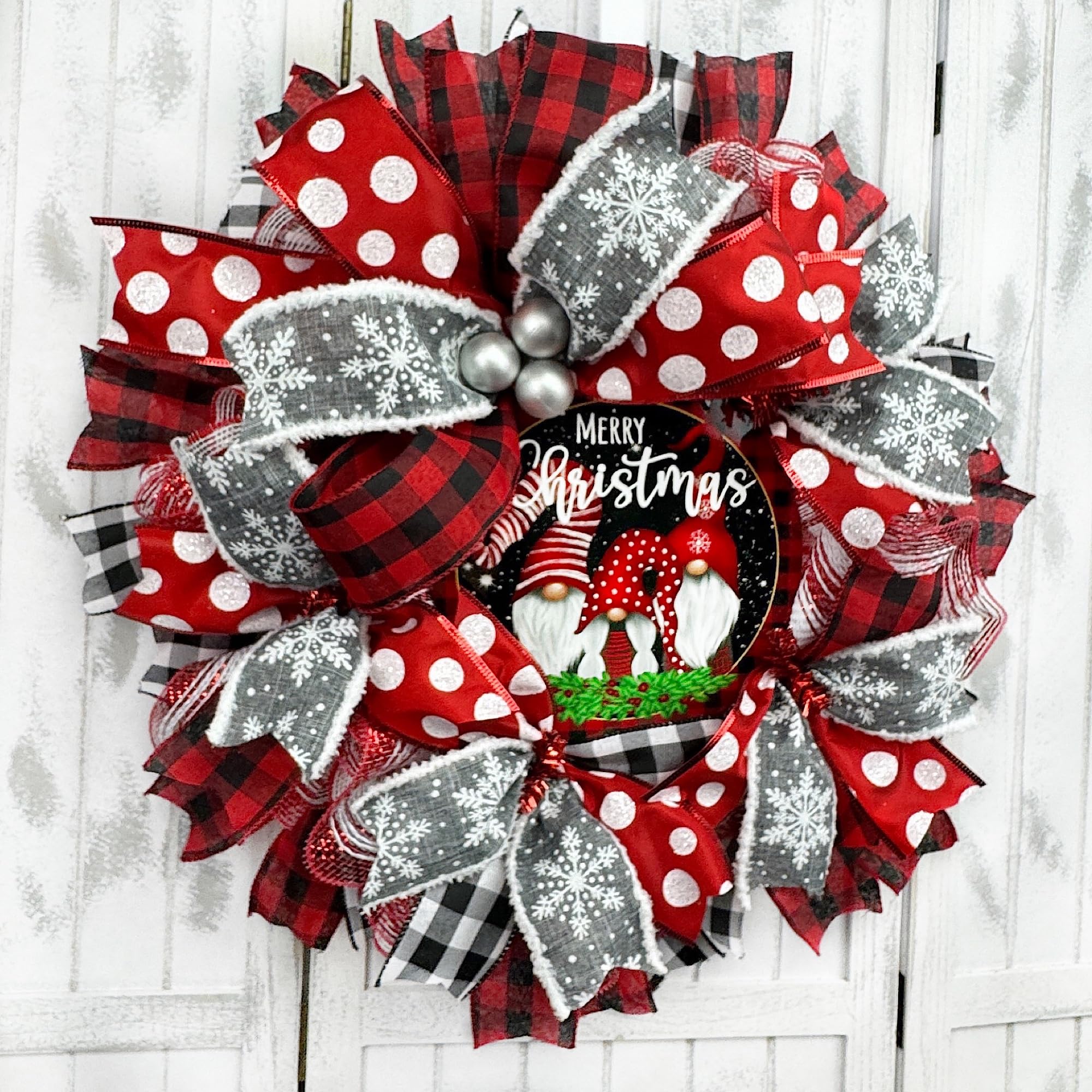 Handmade Buffalo Plaid Christmas Gnome Wreath with Ribbon - Festive Front Door Decor for Holiday Season, Perfect for Home, Office & Gift Giving
