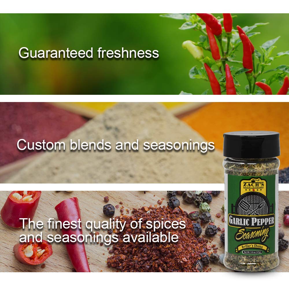 Zach's Premium Garlic Pepper Seasoning 5 oz | All-Natural Spice Blend for Cooking | Perfect for Grilling, Roasting & Seasoning Meats