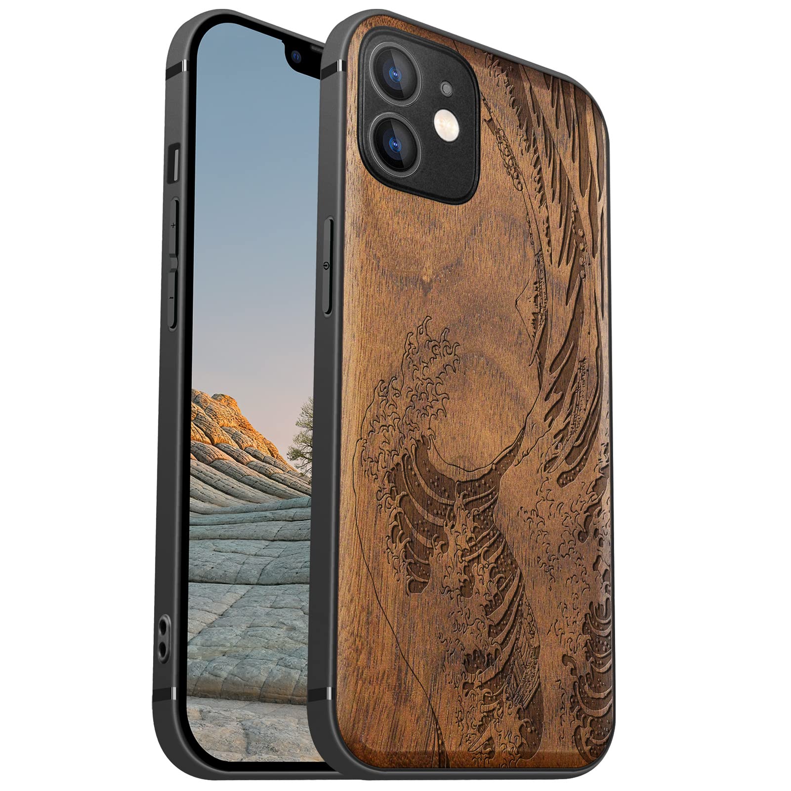 Carveit Magnetic Wood Case for iPhone 12 - Real Walnut Wood & Soft TPU Shockproof Cover - MagSafe Compatible Protective Case - The Great Wave Off Kanagawa Design - Perfect for Outdoor Adventures, Business Meetings & Everyday Protection