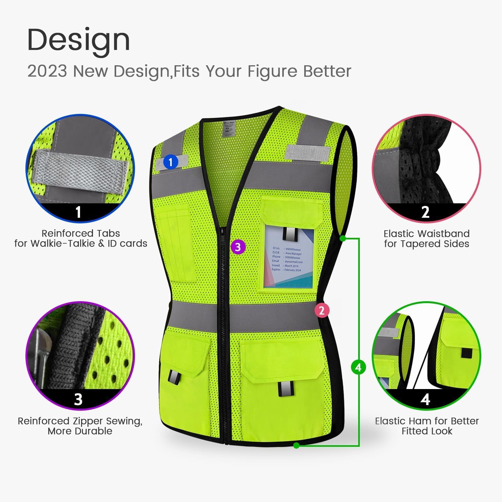 ANSI Compliant High Visibility Reflective Safety Vest for Women - 11 Pockets with Zipper, Mesh Work Vest for Surveyors, Workers & Drivers - Comfortable & Snug Fit (U-Yellow, Medium) - Perfect for Construction Sites, Road Work & Night Shifts