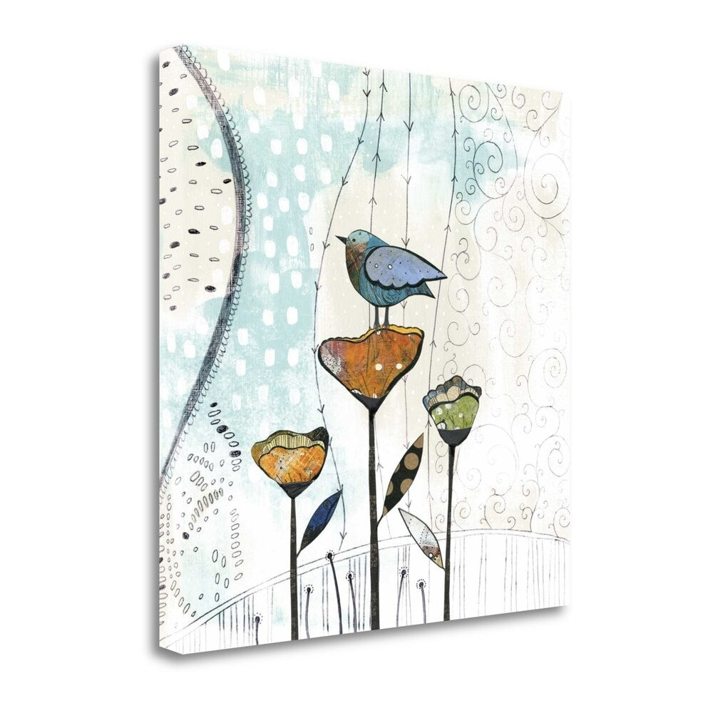 Bird On Three Flowers II By Sarah Ogren - Premium Giclee Print on Gallery Wrap Canvas Wall Art - Perfect for Living Room, Bedroom & Office Decor