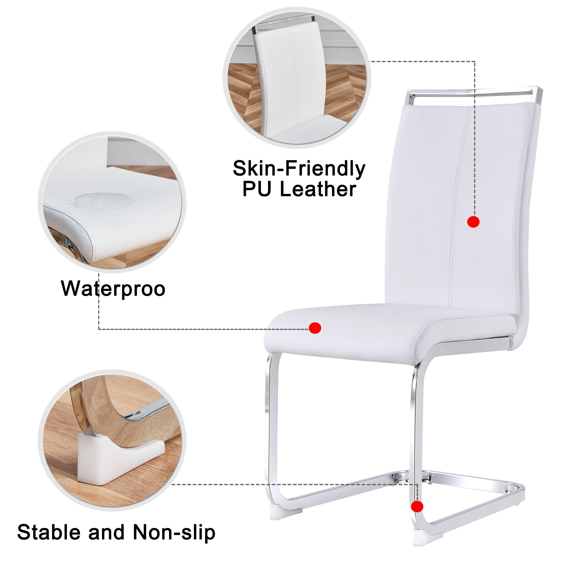 AZmac Modern Leather Dining Chairs Set of 4 - Armless Kitchen Chairs with Upholstered Padded Seat & Sturdy Chrome Legs - White PU Leather for Dining Room, Kitchen, Restaurant, Office & Home Decor