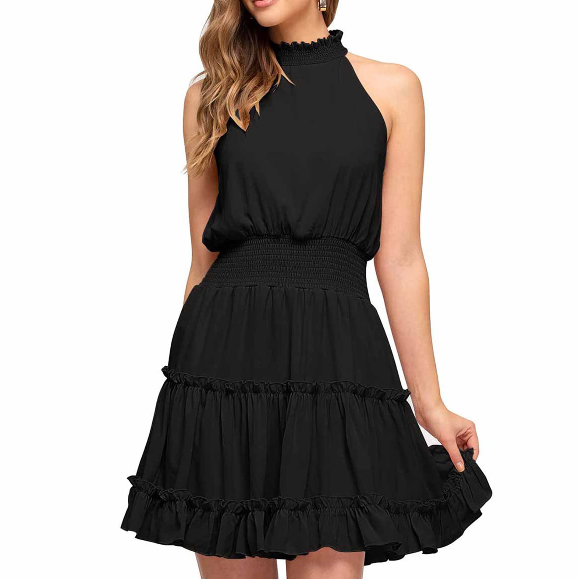 Songling Women's Halter Neck Mini Dress - Summer Sleeveless Sundress with Elastic Waist & Swing Skirt - Perfect for Beach Vacations, Pool Parties, and Casual Outings