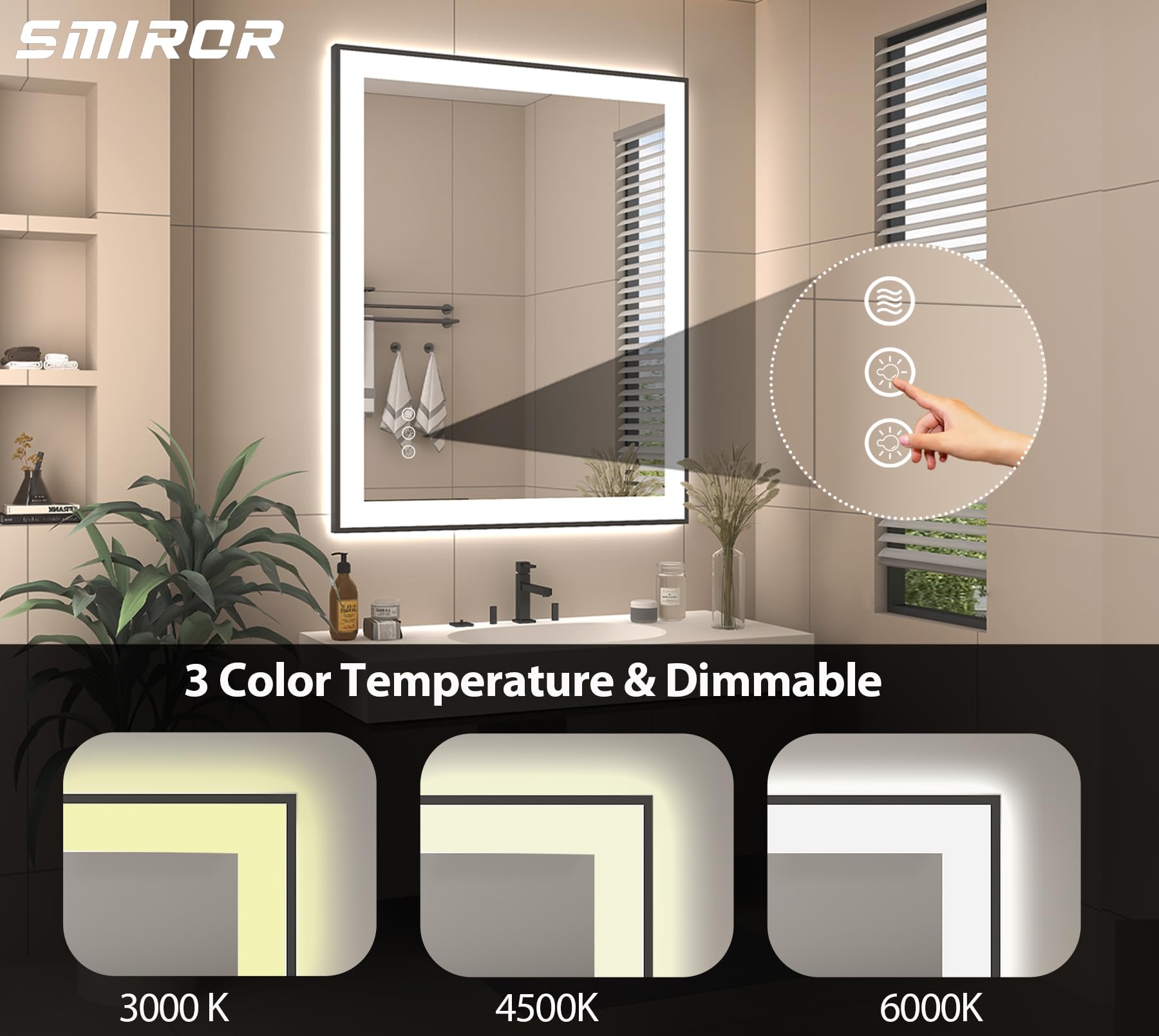 SMIROR 22x30 Inch LED Bathroom Mirror with Dimmable Front & Back Lighting - Anti-Fog, Shatterproof, Memory Function - Matte Black Framed Wall Mirror (Horizontal/Vertical Mounting) - Perfect for Vanity, Makeup, Shaving & Home Decor - ETL Certified
