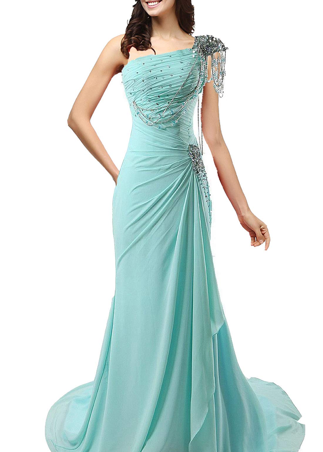 Kivary® Women's Beaded One Shoulder Crystal Chiffon Long Corset Prom Evening Dress - Elegant Formal Gown for Homecoming, Wedding Guest, and Special Occasions