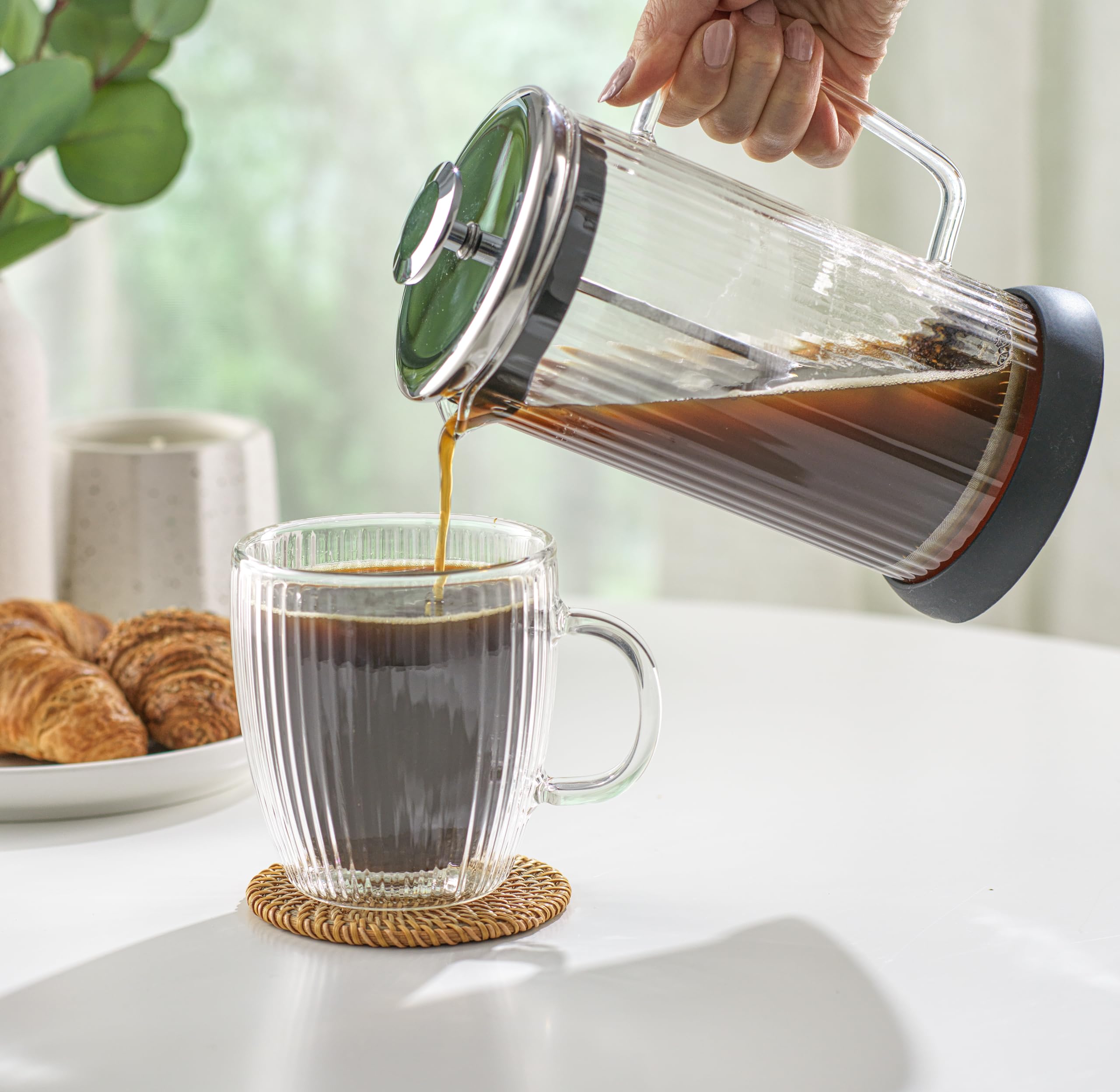 JoyJolt Fluted French Press Coffee & Tea Maker Set - 33.8oz Stainless Steel & Borosilicate Glass - Portable Cold Brew & Hot Coffee Maker for Home, Office, Camping & Travel