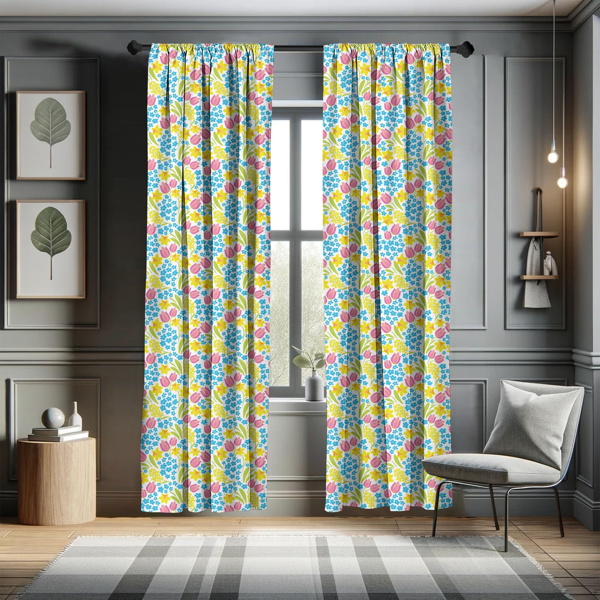 Ambesonne Floral Window Curtains - Spring Meadow Print with Daffodils Tulips & Mimosas, Lightweight 2-Panel Rod Pocket Curtain Set (28x84 inches) in Blue & Pink - Perfect for Living Room, Bedroom & Nursery Decor