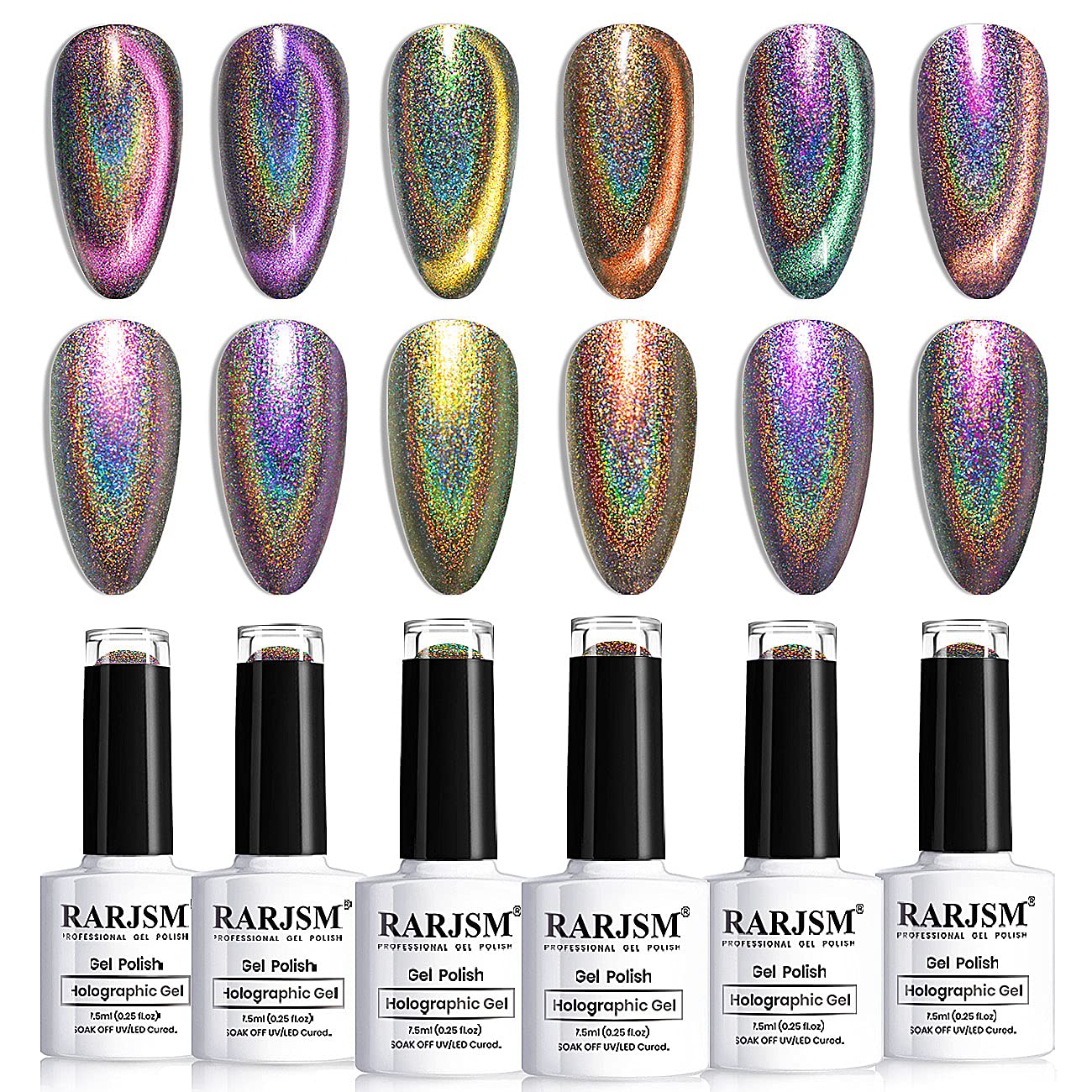 RARJSM Holographic Cat Eye Gel Nail Polish Set - 6PCS Magic Chameleon Galaxy Magnetic Nail Polish Kit with Glitter Diamond Effect (7.5ML) - Professional Salon Quality Manicure Varnish with Magnetic Stick - Perfect for Nail Art, Parties, and Special Occasions