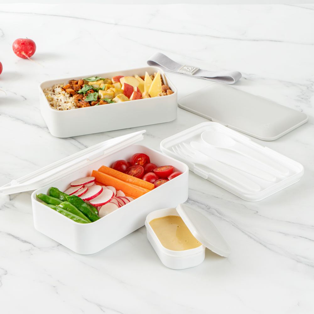 Bento Tek 41 oz Gray & White Buddha Box - All-in-One Lunch Container with Utensils & Sauce Cup (7.25