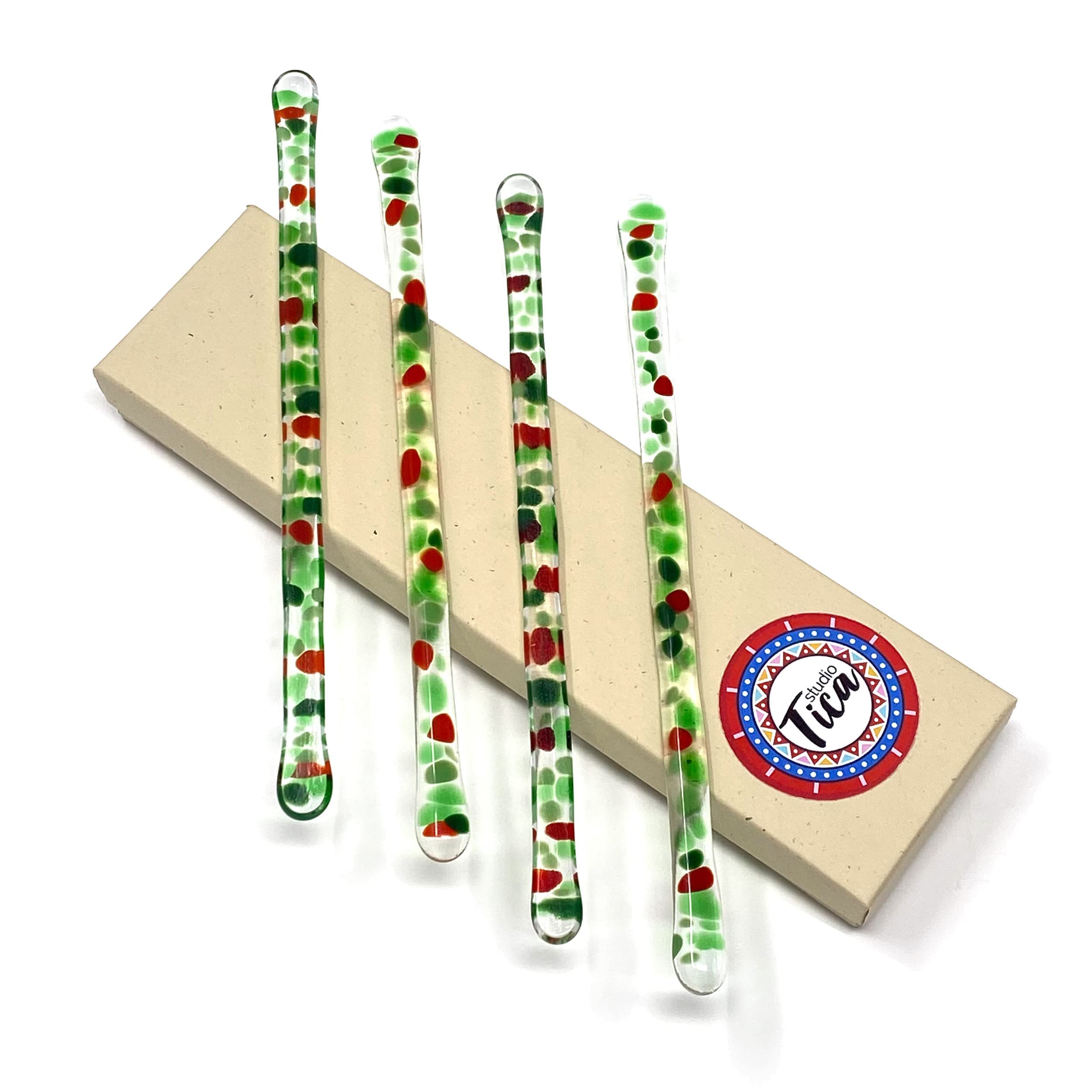 7.25 Inch Handmade Glass Stirrer Set of 4 - Christmas Holly Design - Perfect for Cocktails, Coffee & Hot Drinks - Elegant Gift Box Included - Ideal for Holiday Parties, Home Bars & Coffee Shops