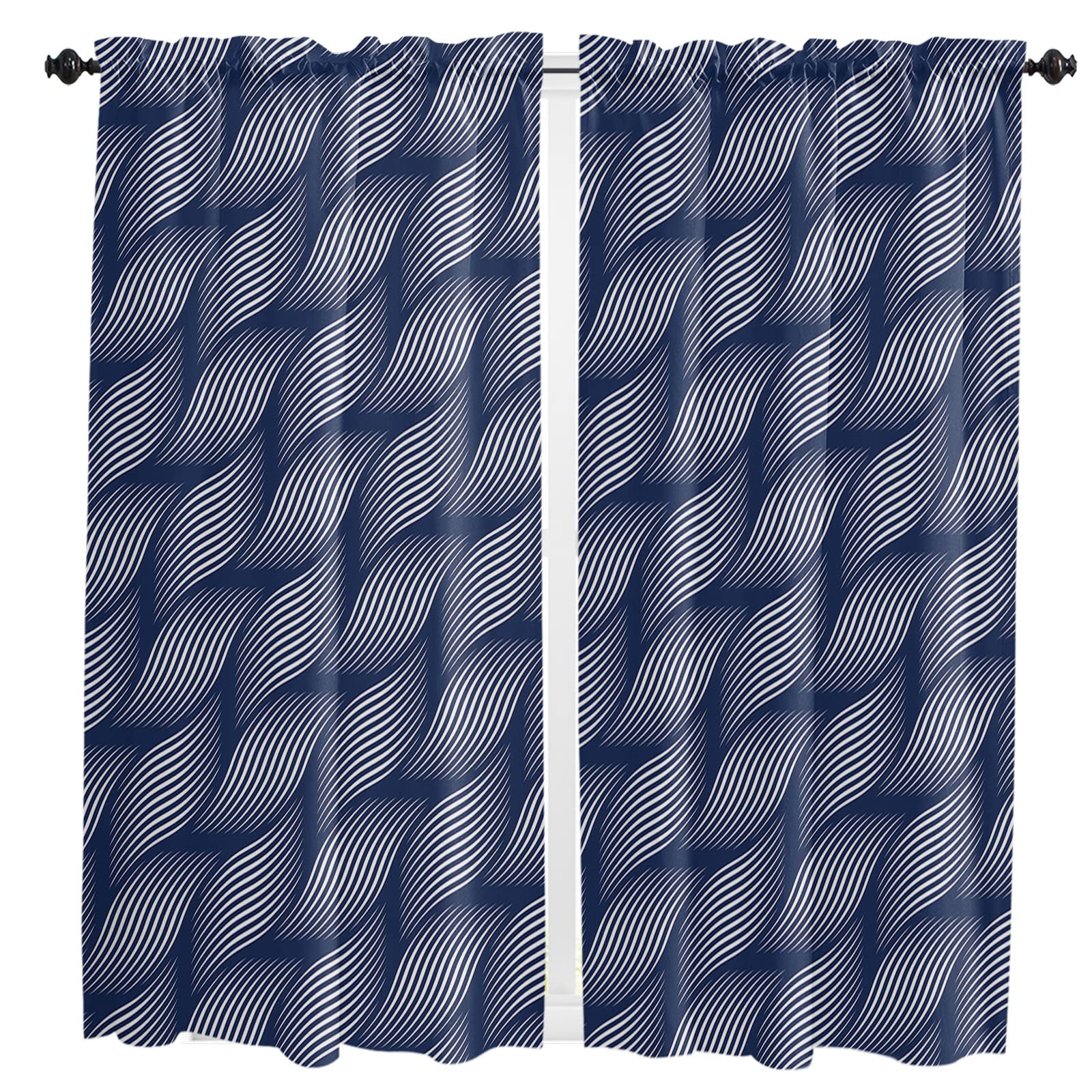 72 Inch Abstract Wave Blue Geometric Stripe Kitchen Curtains - 2 Panel Window Drapes with Rod Pocket for Cafe & Living Room - Modern Floral Line Window Treatment for Home Decor & Restaurant Style