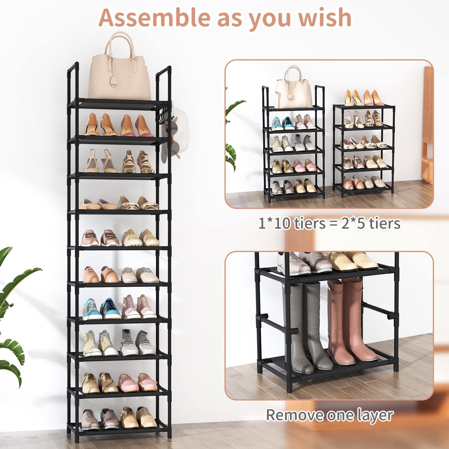 10-Tier Tall Shoe Rack for 20-25 Pairs | Sturdy Narrow Boot Organizer with Hooks | Space-Saving Entryway & Closet Storage Shelf (Black) | Perfect for Small Apartments, Dorm Rooms & Mudroom Organization