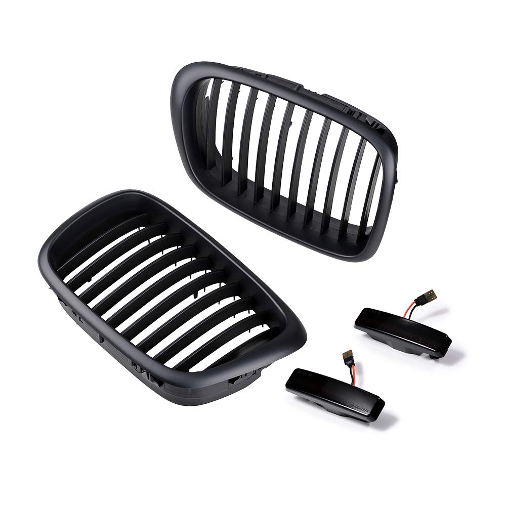 Black Front Hood Kidney Grille with Amber LED Sequential Turn Signal Lights - Compatible with 1997-2003 BMW E39 5 Series | Upgrade Your Car's Style & Safety for Night Driving & Custom Looks