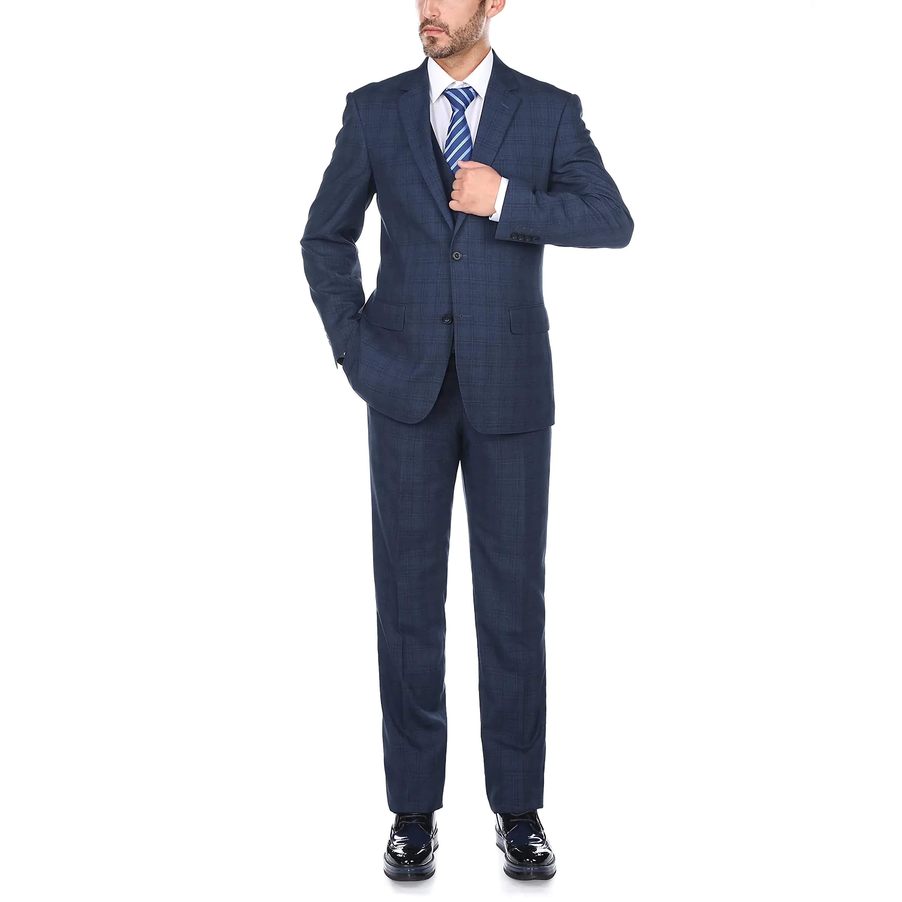 Men's 3-Piece Blue Glen Plaid Suit Set - 2 Button Regular Fit Business Formal Attire for Weddings & Office Wear