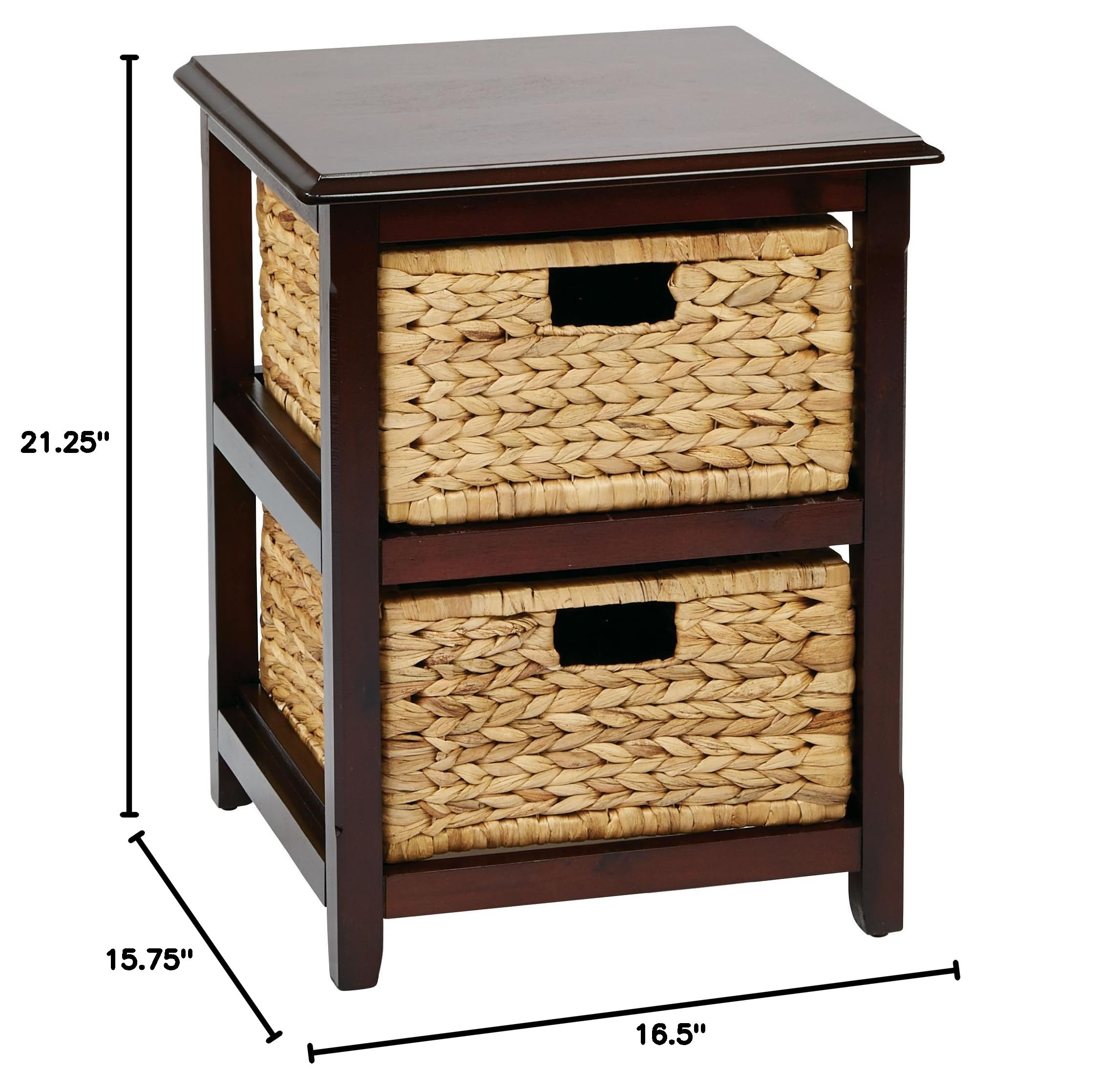 OSP Home Furnishings Seabrook 2-Drawer Storage Tower with Solid Wood Frame & Natural Woven Baskets - Espresso Finish for Bedroom, Living Room or Office Organization