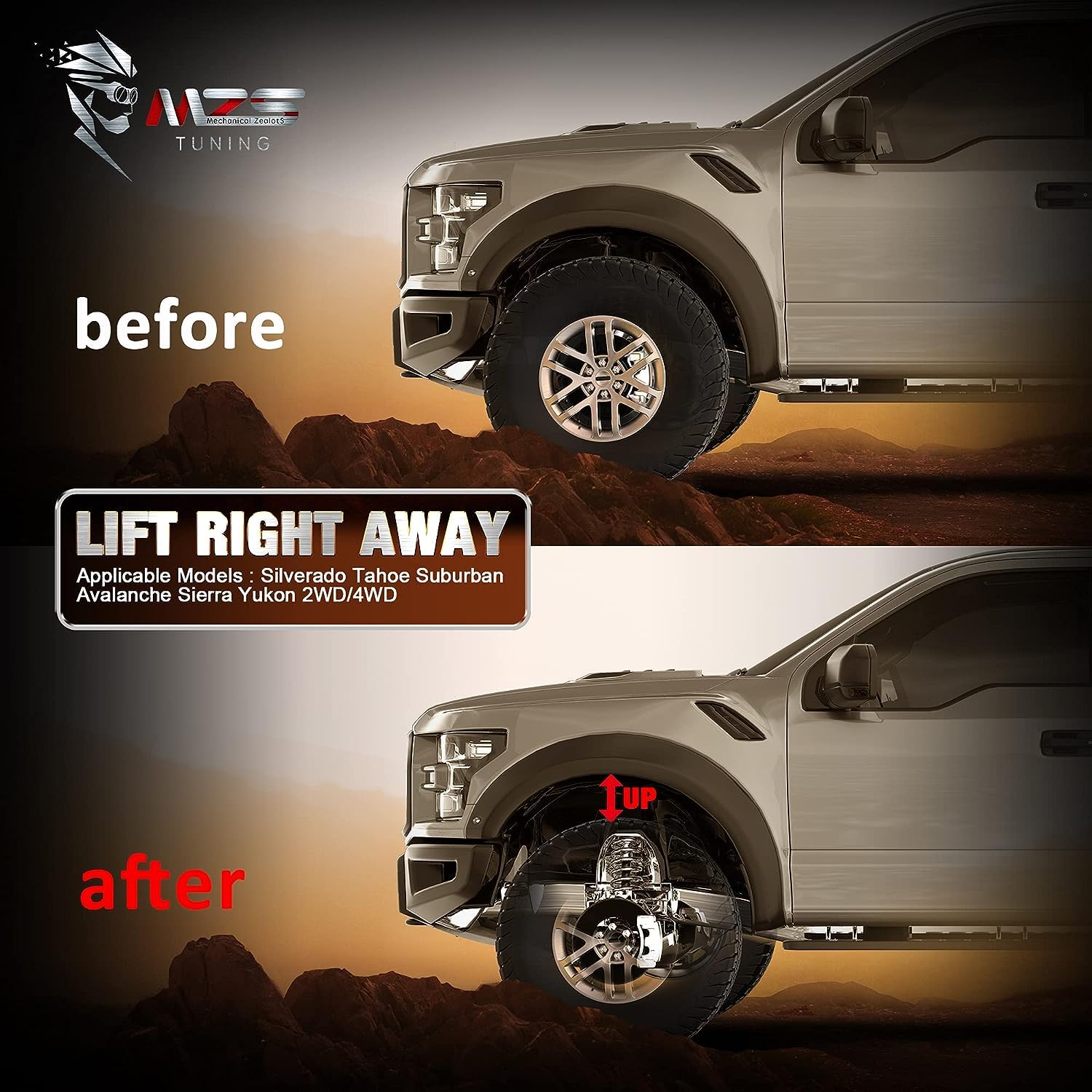 MZS 2 Inch Front Leveling Kit Lift Strut Spacers for 2007-2025 Chevy Tahoe, Silverado, GMC Sierra, Suburban, Yukon 1500 & 2007-2013 Avalanche (2WD/4WD) - Off-Road Suspension Upgrade for Better Ground Clearance
