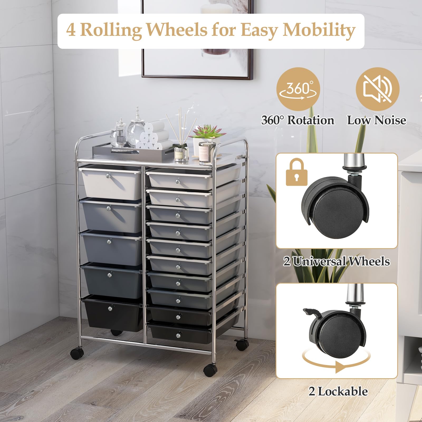 15-Drawer Rolling Storage Cart with Lockable Wheels - Multipurpose Craft Organizer for Tools, Arts, Scrapbooking & Office Supplies - Perfect for Home, Office & School Use (Black)