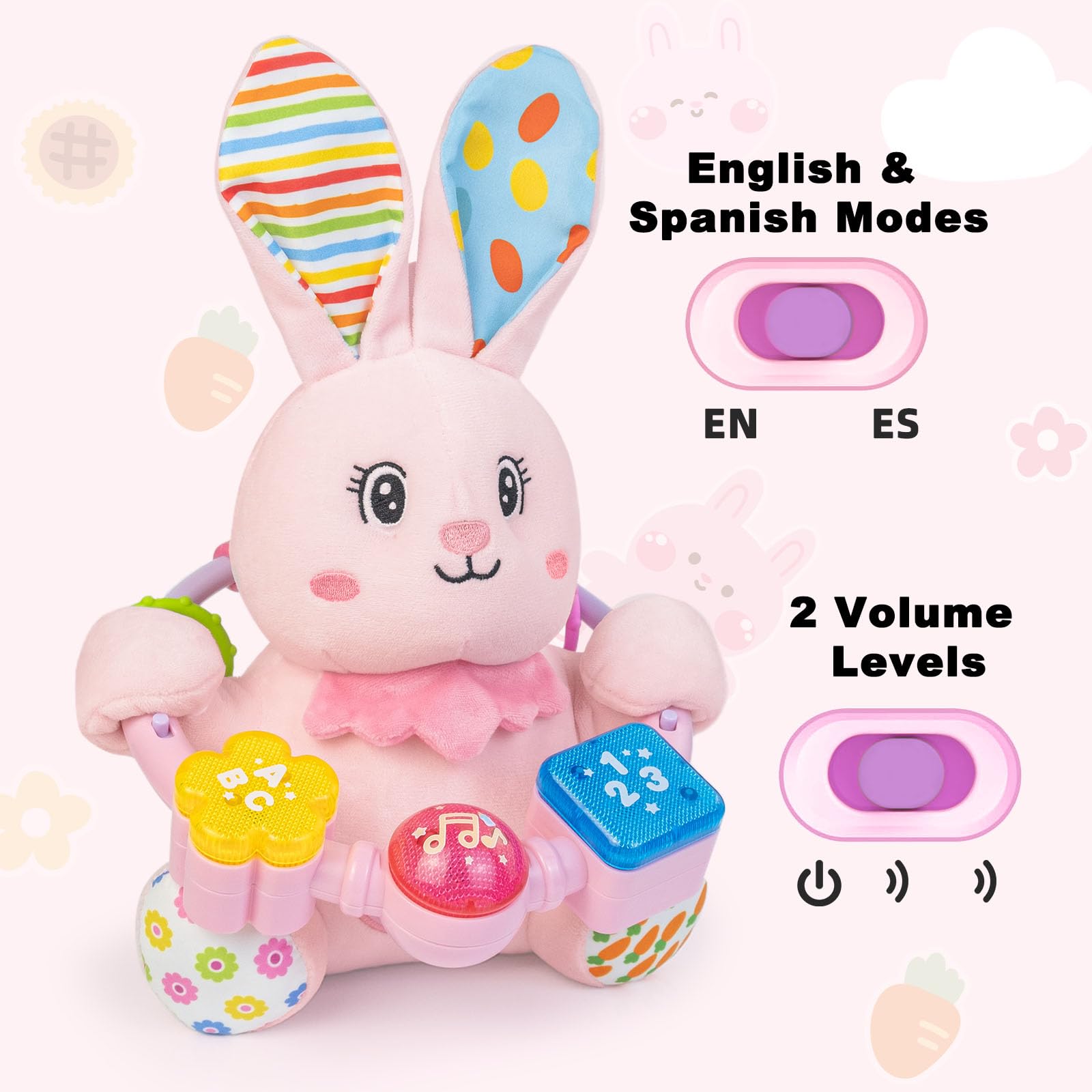 Bilingual Musical Rabbit Plush Toy - Light-Up, Crinkle & Melodies for Baby Early Learning | Soft Stuffed Animal for Tummy Time & Sensory Play | Perfect Gift for Infants 0-12 Months (Pink) - Ideal for Nursery, Playtime & Developmental Milestones