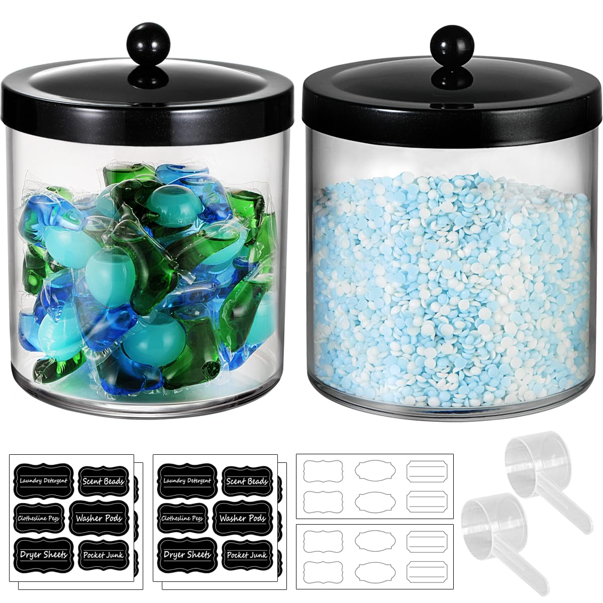 2 Pack 50oz Large Plastic Apothecary Jars with Lids - SheeChung Airtight Storage Containers for Laundry Pods, Bath Bombs, Snacks & Home Organization - Perfect for Bathroom Vanity, Kitchen Pantry & Laundry Room Storage (Black, Includes Measuring Spoon & Labels)