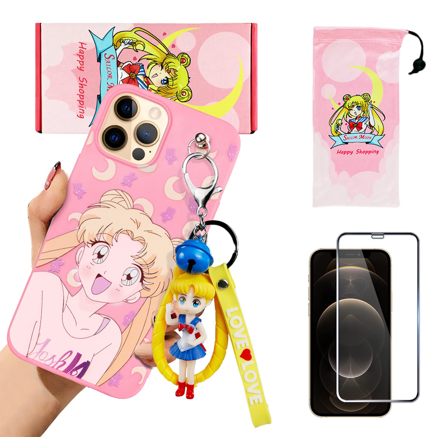 Premium iPhone 12 Pro Case with HD Screen Protector - Cute Sailor Moon 3D Silicone Cover for Apple iPhone 12 Pro 6.1 Inch | Includes Lanyard, Doll Charm, Bell & Storage Bag | Perfect for Anime Fans, Gift Giving & Everyday Protection