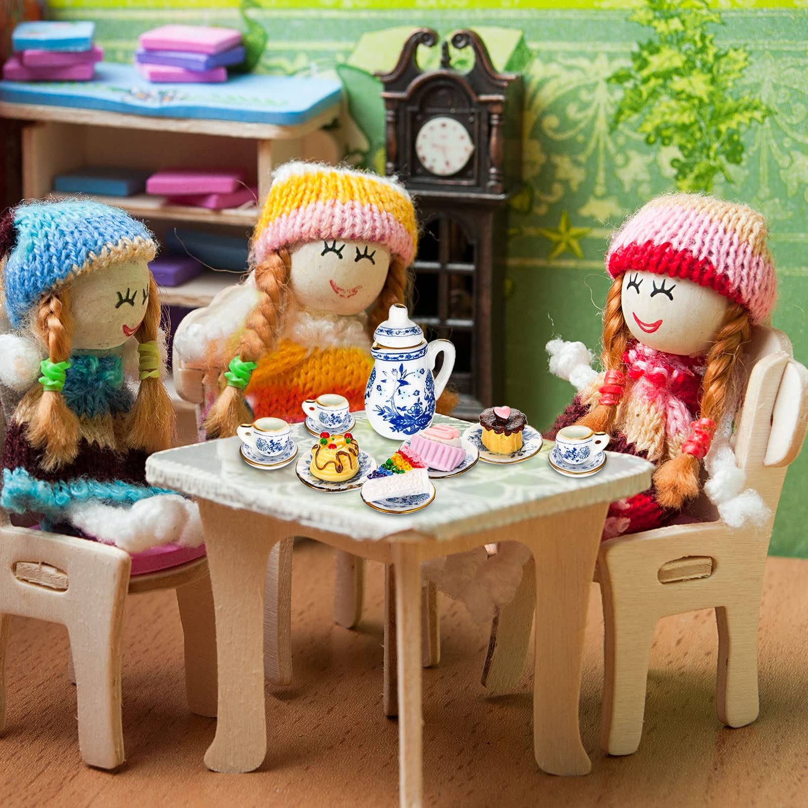 1:12 Scale Miniature Dollhouse Kitchen Accessories Set - 41 Pcs Retro Style Mini Porcelain Tea Cups, Plates, Cutlery & Dessert Decor for Dollhouse, DIY Crafts & Party Table Decoration