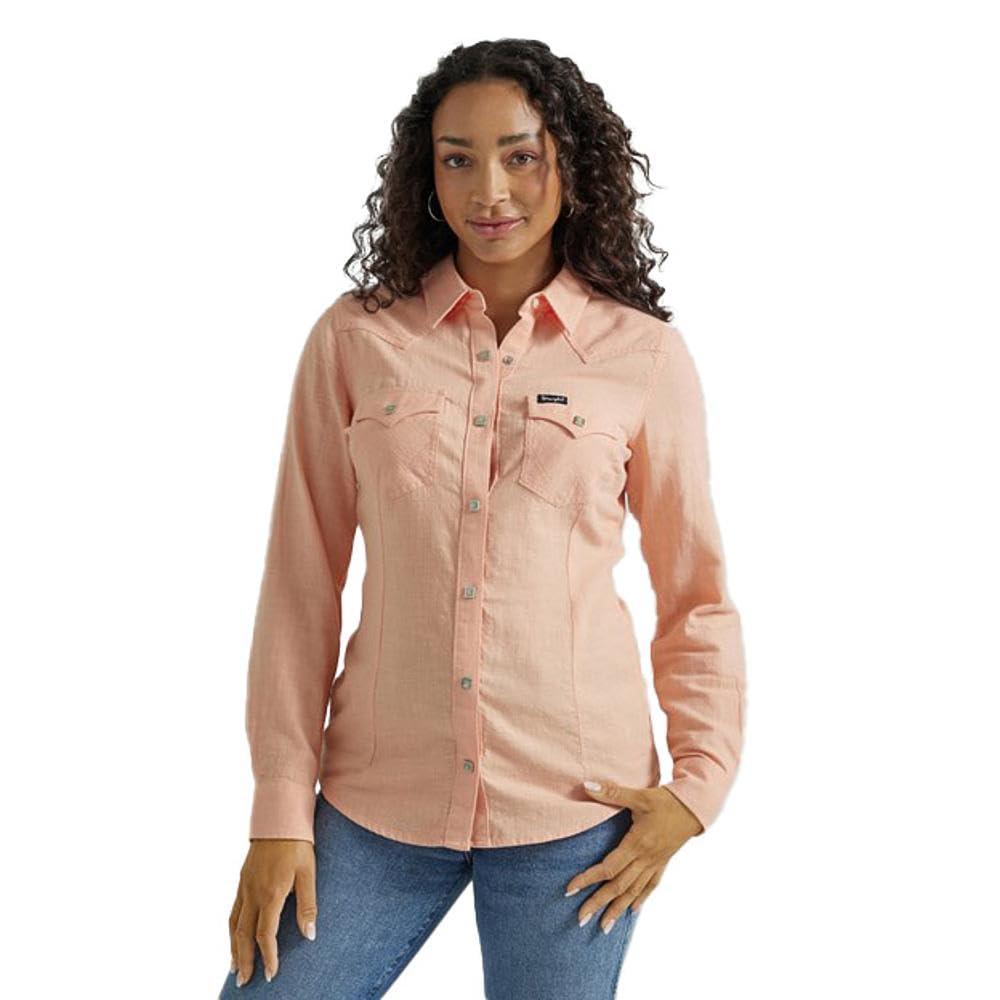 Wrangler Women's Vintage Peach Snap Button Shirt - Casual Western Style Top for Outdoor Adventures & Country Music Festivals