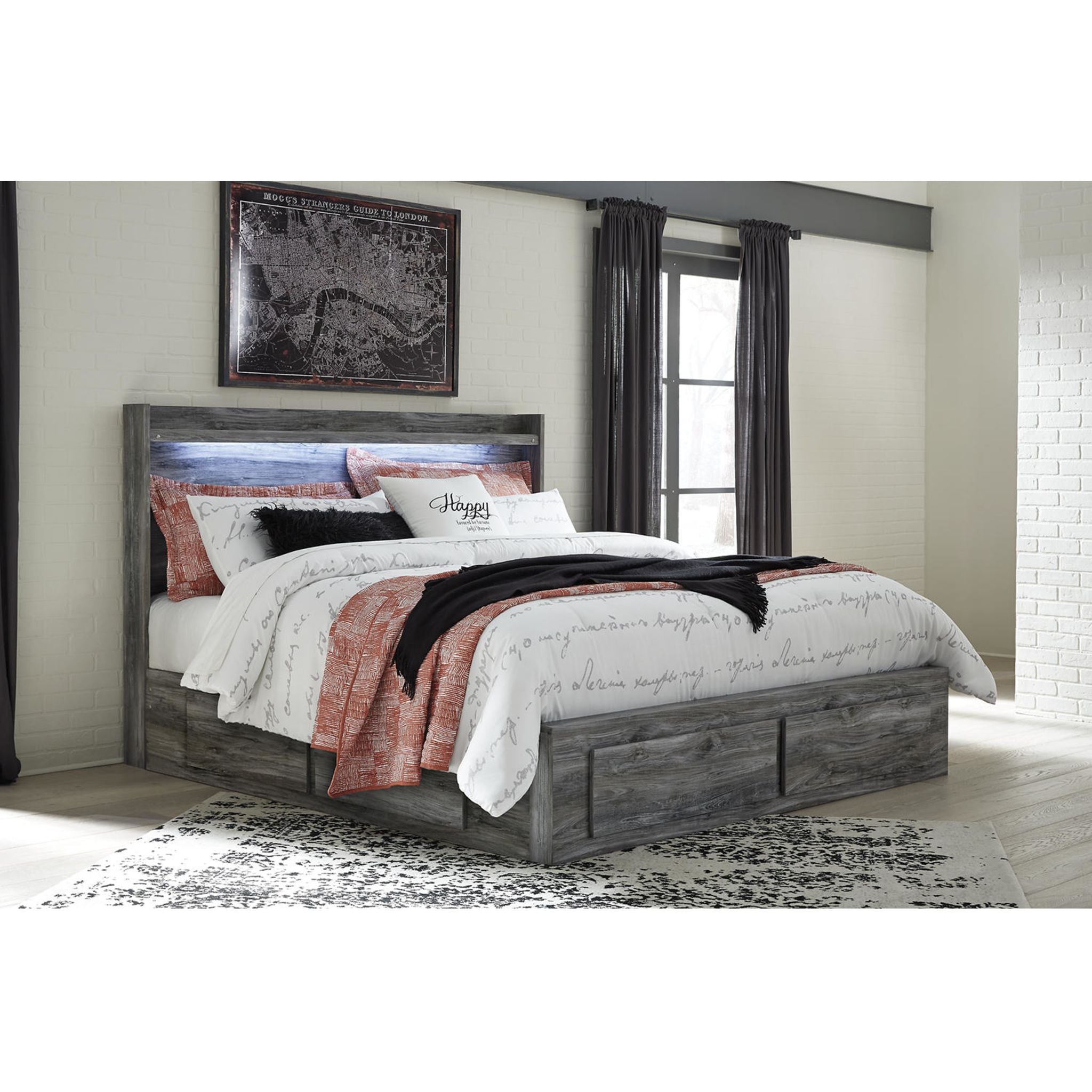 Baystorm Panel Bed with 4 Drawer Storage - Gray Queen Size Bed Frame with Underbed Storage | Modern Bedroom Furniture for Small Spaces & Guest Rooms
