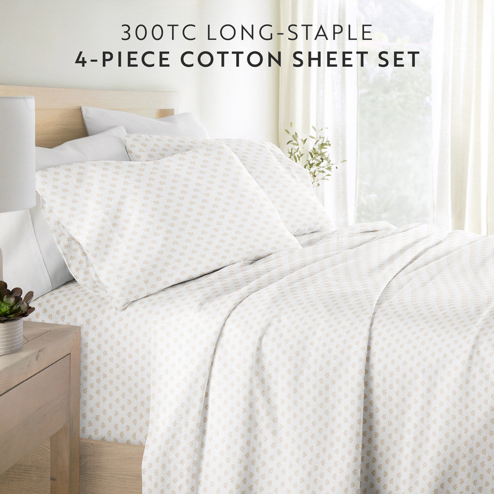 Premium Moon Daisies 4-Piece Long Staple Cotton Sheet Set - Queen Size, Soft & Breathable Bed Sheets for Comfortable Sleep - Perfect for Master Bedroom, Guest Room, and Dormitory