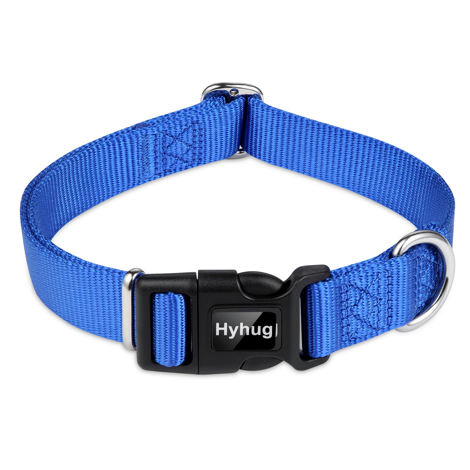 Hyhug Heavy Duty Classic Dog Collar for Large Dogs - Adjustable Solid Color Pet Collar with Triglide Buckle, Name Tag Attachment - Bright Blue - Perfect for Training, Walks & Outdoor Adventures