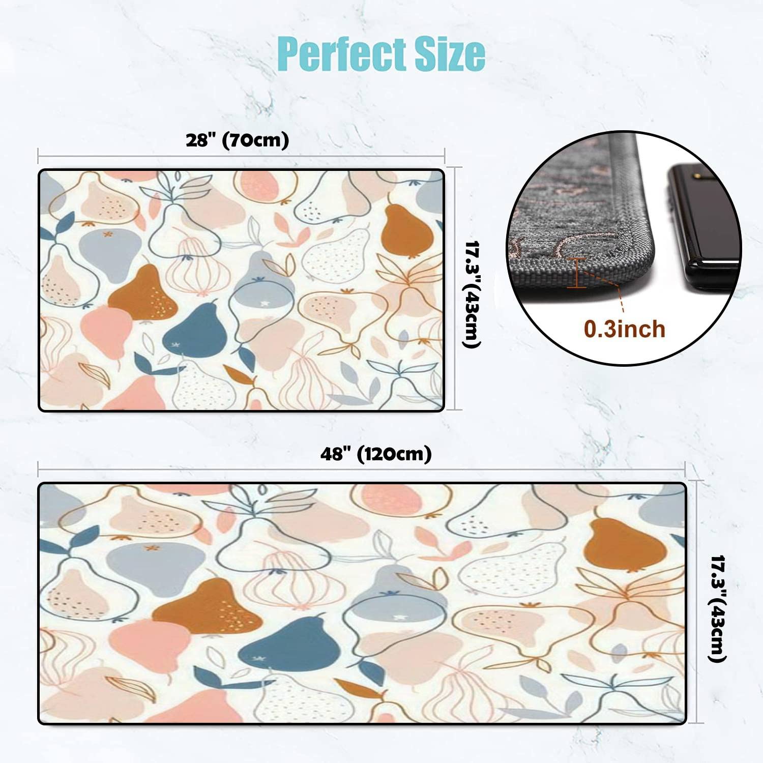 Stylish Scandinavian Pear Seamless Kitchen Rugs Set - Non-Slip Washable Floor Mat, Runner & Bath Rug - Natural Fruit Design for Comfortable Standing - Perfect for Kitchen, Entryway & Bathroom Decor