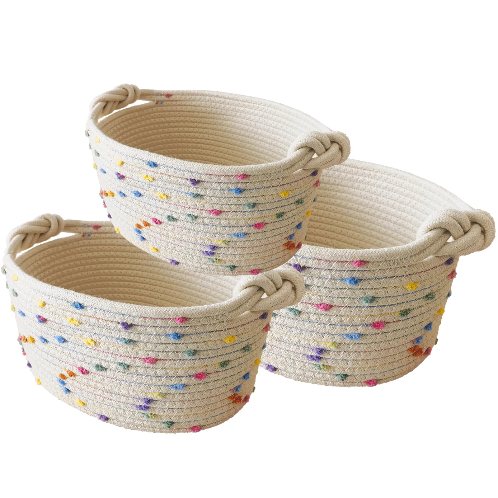 Esme L&H Small Woven Rope Storage Baskets - Set of 3 Decorative Organizer Bins for Baby Nursery, Toys, Shelves & Closet - Rainbow Home Organization Solution for Bedroom, Bathroom & Office Storage Needs