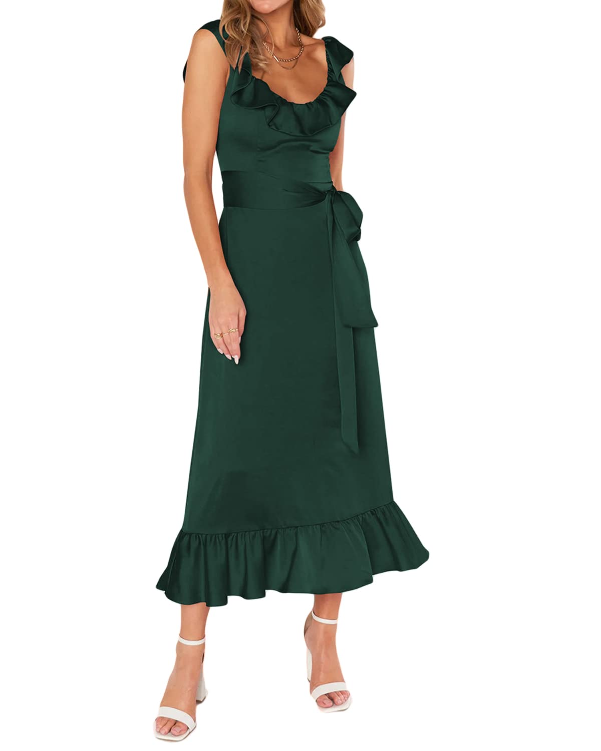 Houstil Women's Summer Wrap Maxi Dress - Ruffle Satin Sleeveless Tie Waist Flowy Beach Wedding Guest Bridesmaid Dress for Vacation, Party & Special Occasions