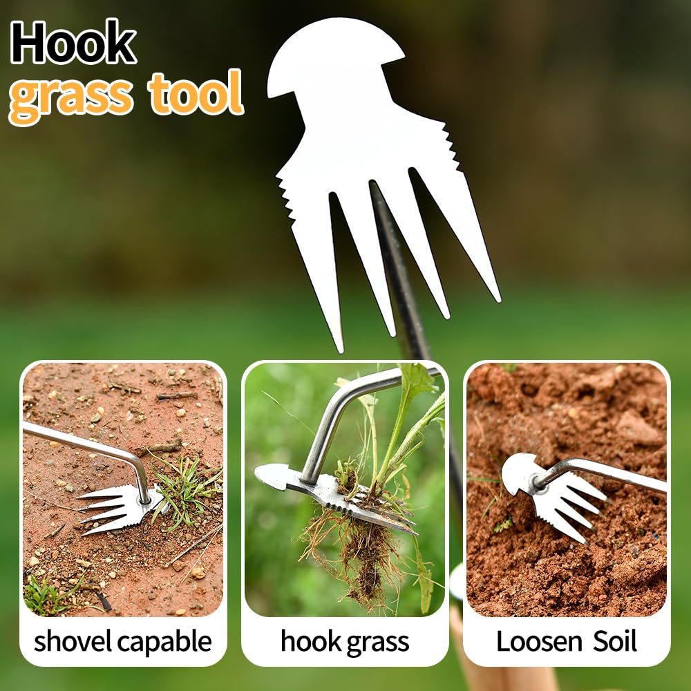 2024 New Stainless Steel Weed Puller Tool - 4 Teeth Dual Purpose Garden Weeder with Rubber Handle | Efficient Hand Weeder for Lawn Care, Flower Beds & Vegetable Gardens | Durable Weeding Tool for Home Gardening & Professional Landscaping
